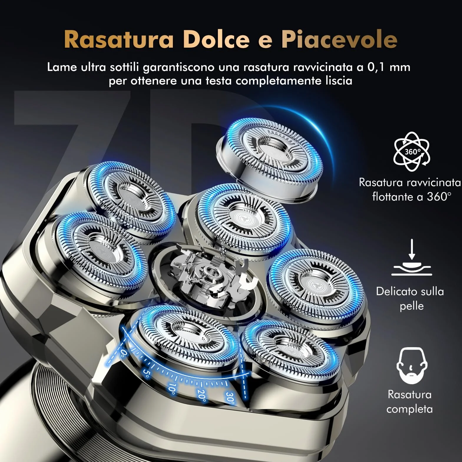 Rasoio Testa Calva Zero Assoluto 7D Magnetici Rimovibile 6 in 1 Impermeabile IP67 Display LED