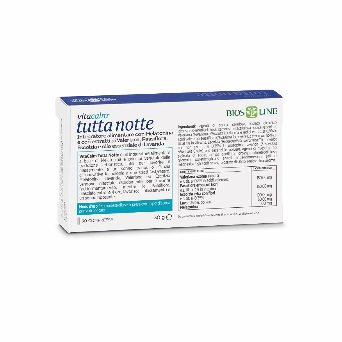 BIOS LINE VitaCalm Tutta Notte Melatonina Integratore Doppio Rilascio Sonno 30 compresse