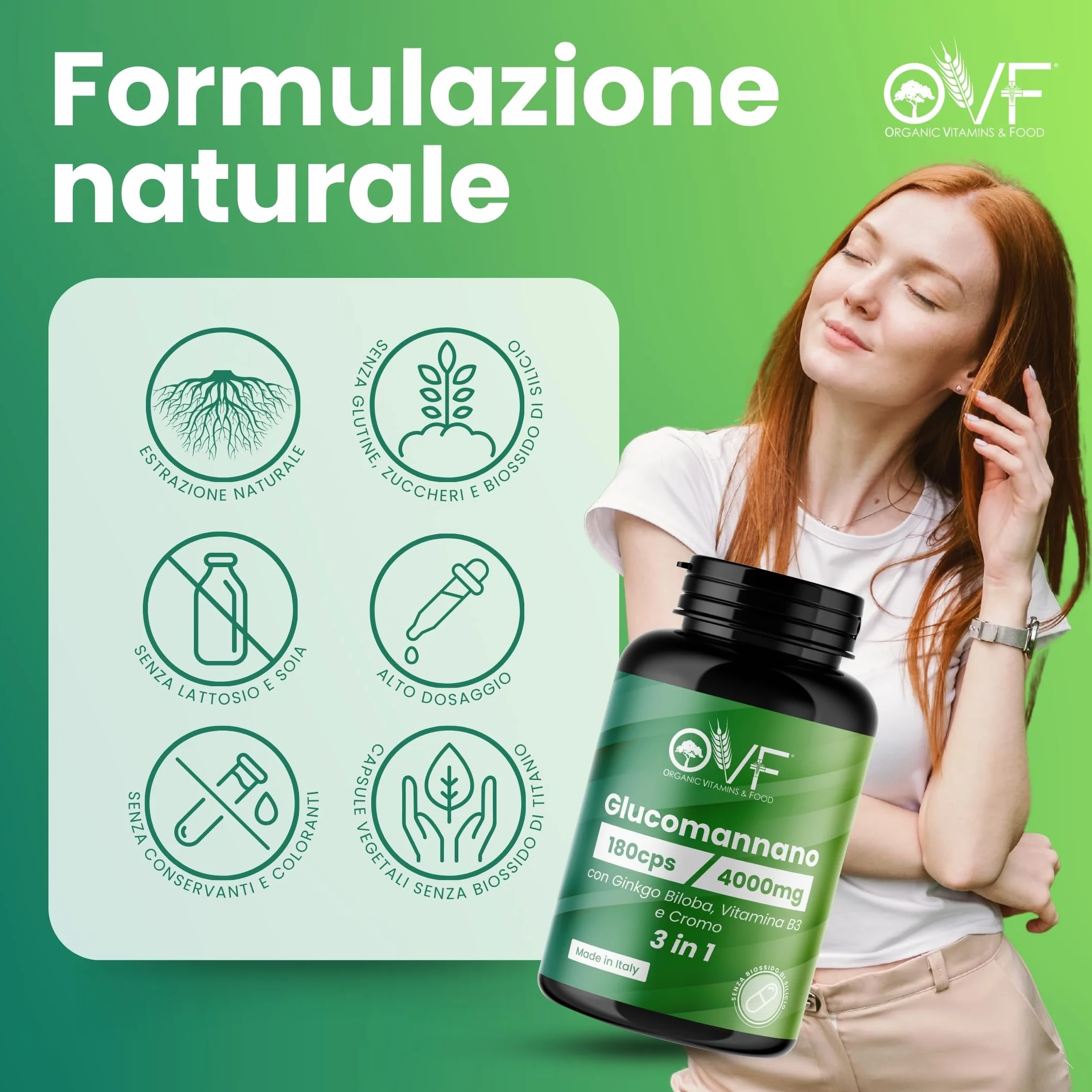 OVF Glucomannano Forte 4000 mg 180 Capsule Integratore Alimentare con Ginkgo Biloba, Vitamina B3 e Cromo, Made in Italy