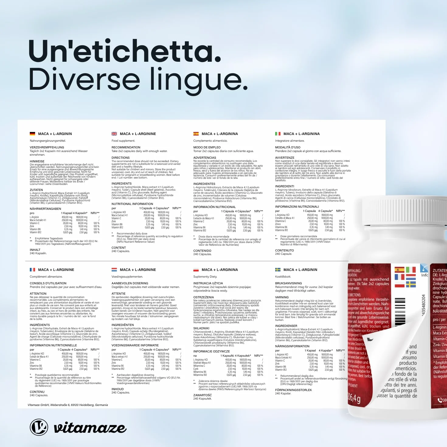 Vitamaze Maca Peruviana (con Maca Nera) Alto Dosaggio con L-Arginina, Zinco, Vitamina C, Vitamine B6 e B12, 240 Capsule, Prodotto in Germania, Integratore Alimentare Vegetale senza Additivi