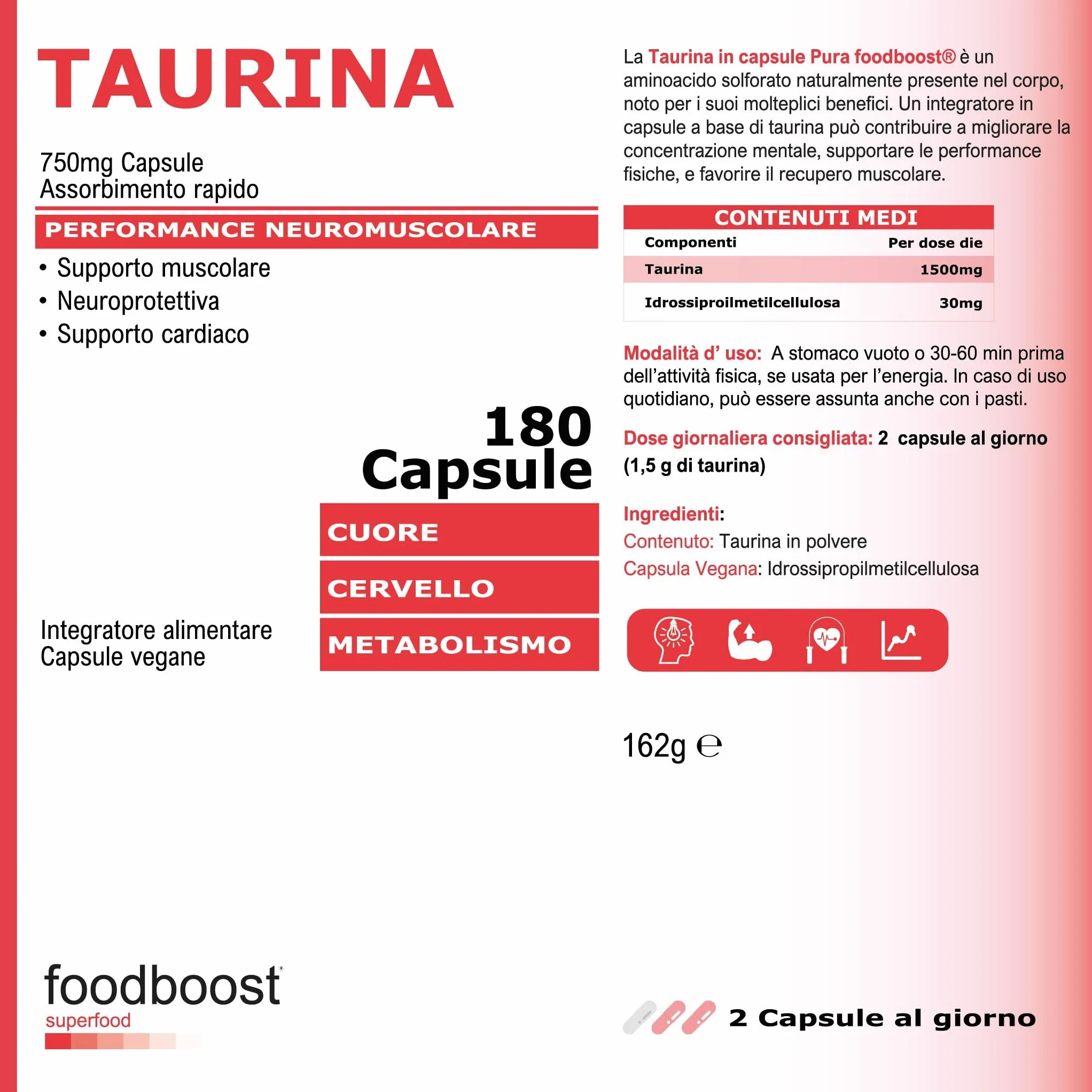 foodboost Taurina 750 mg - 180 Capsule Vegane (3 Mesi) - Integratore Energetico pre workout/post workout, Antiossidante, Supporto Benessere Cardiaco e Muscolare - Assorbimento rapido - Ø additivi