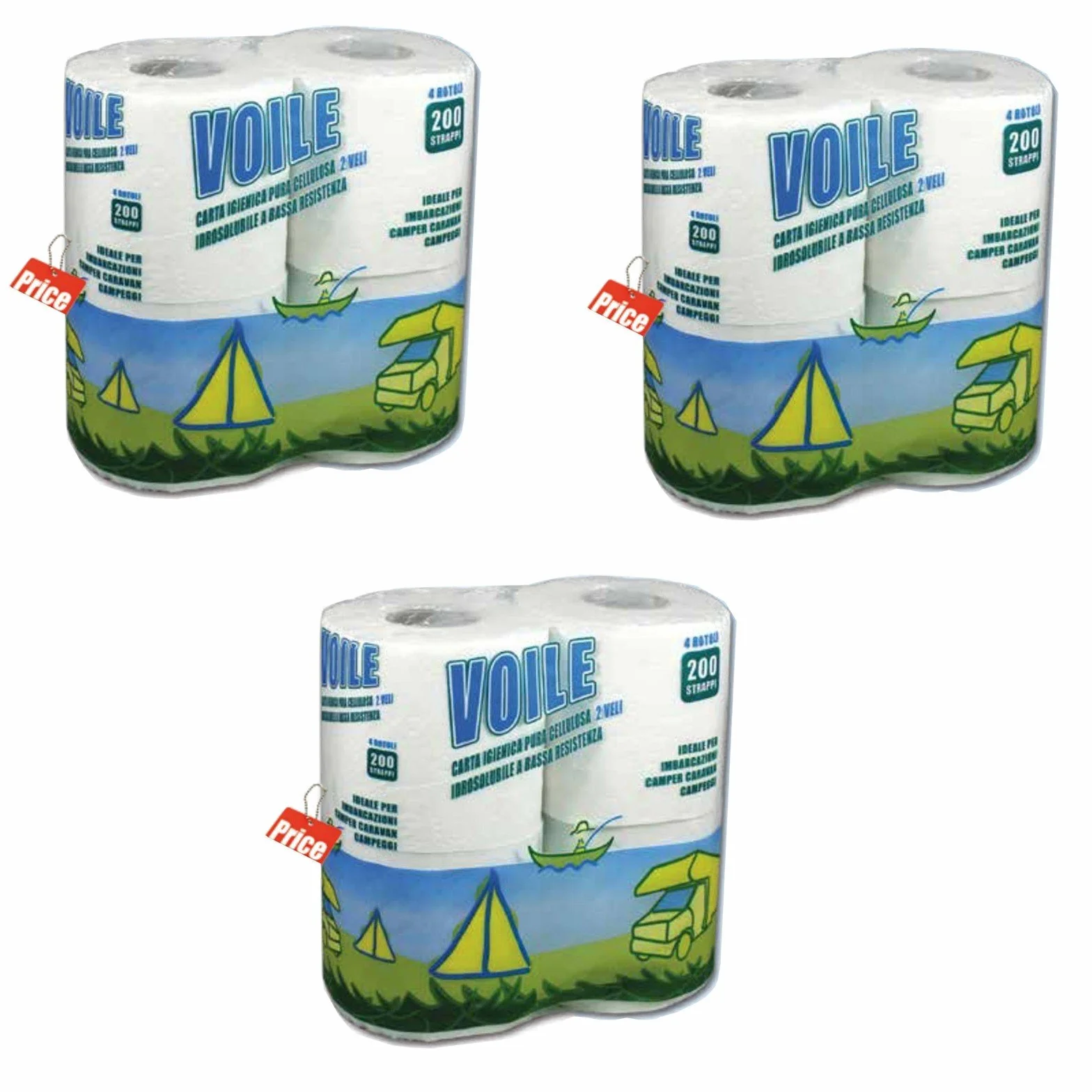 Carta igienica WC Eco Voile 4 Rotoli idrosolubile 200 Strappi per Camper Barca Fossa Biologica