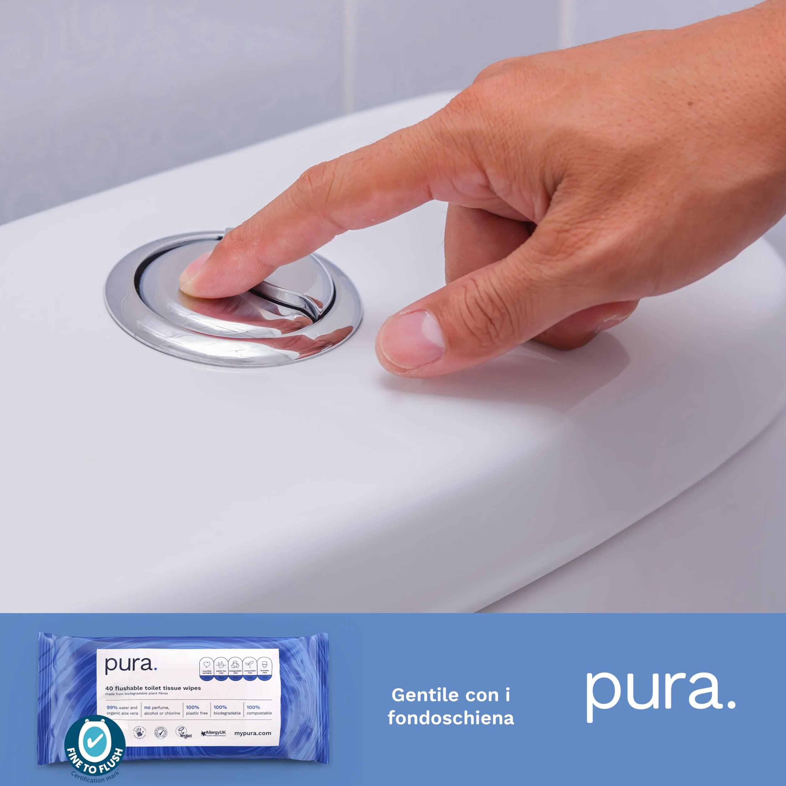 Pura Carta Igienica Umidificata 40 Salviette per Pelle Sensibile Biodegradabili Fine to Flush