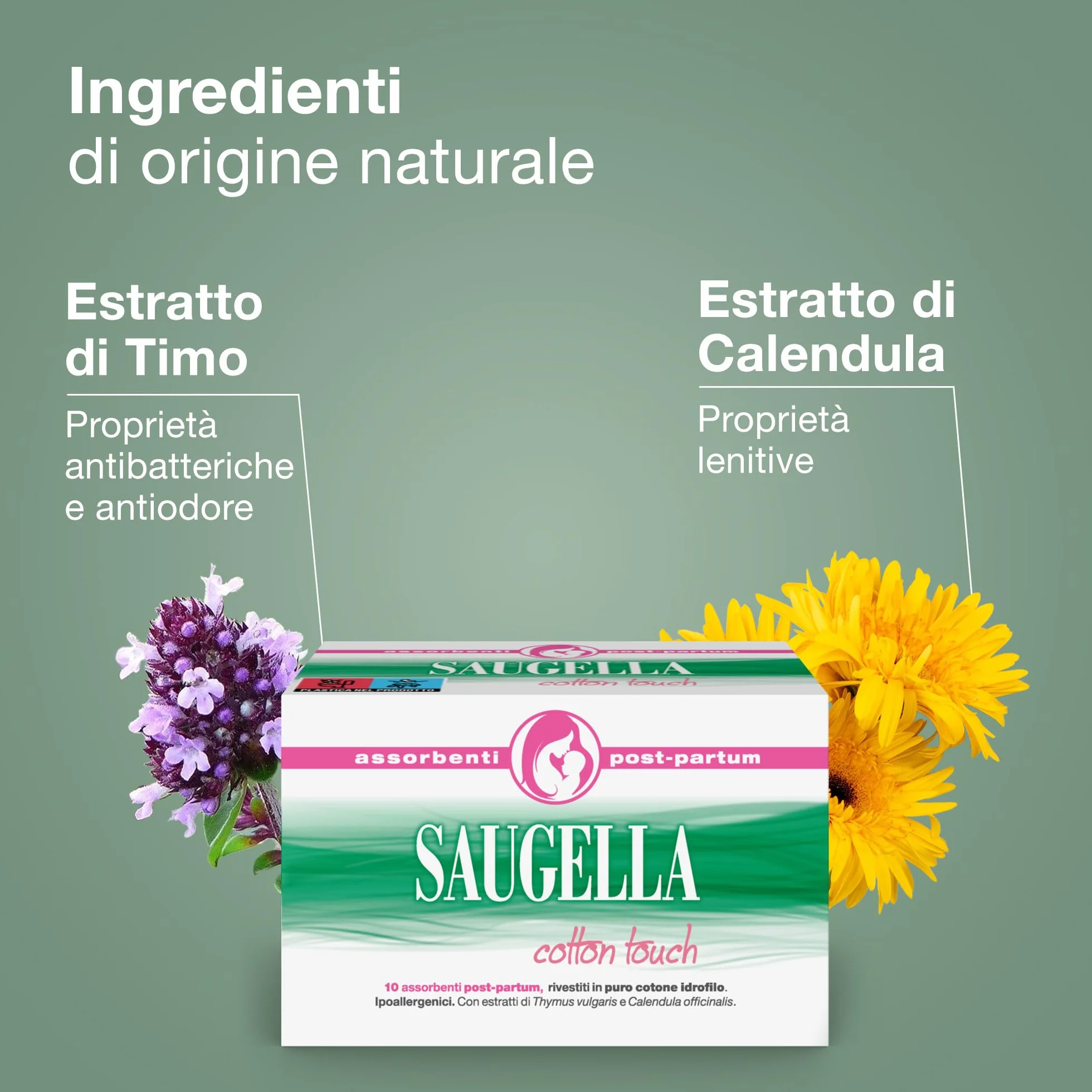 Saugella Cotton Touch Post Parto 10 Assorbenti Cotone Senza Strato Adesivo Azione Antibatterica Lenitiva