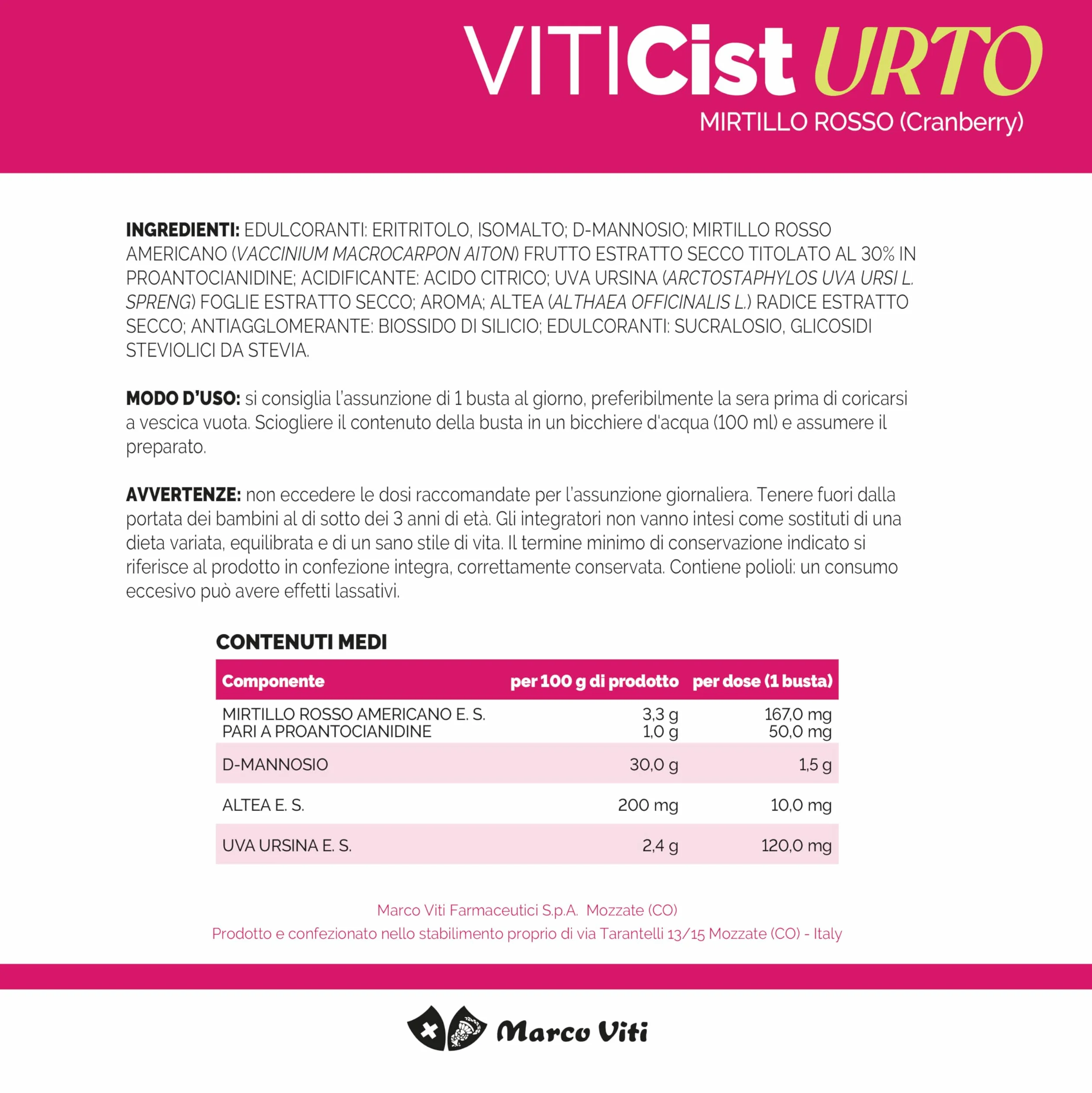 Marco Viti Viticist Urto, 10 Bustine da 3,5 g, Integratore con Cranberry, Uva Ursina, Altea e 1,5 g D-Mannosio, Supporto Vie Urinarie, Senza Glutine, Lattosio e Zuccheri