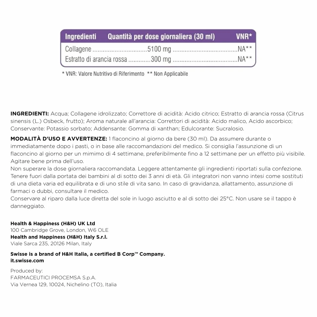 SWISSE Collagene Integratore Liquido - Collagene Idrolizzato da Bere Donna e Uomo con Arance Rosse, 7 x 30 ml Made in Italy
