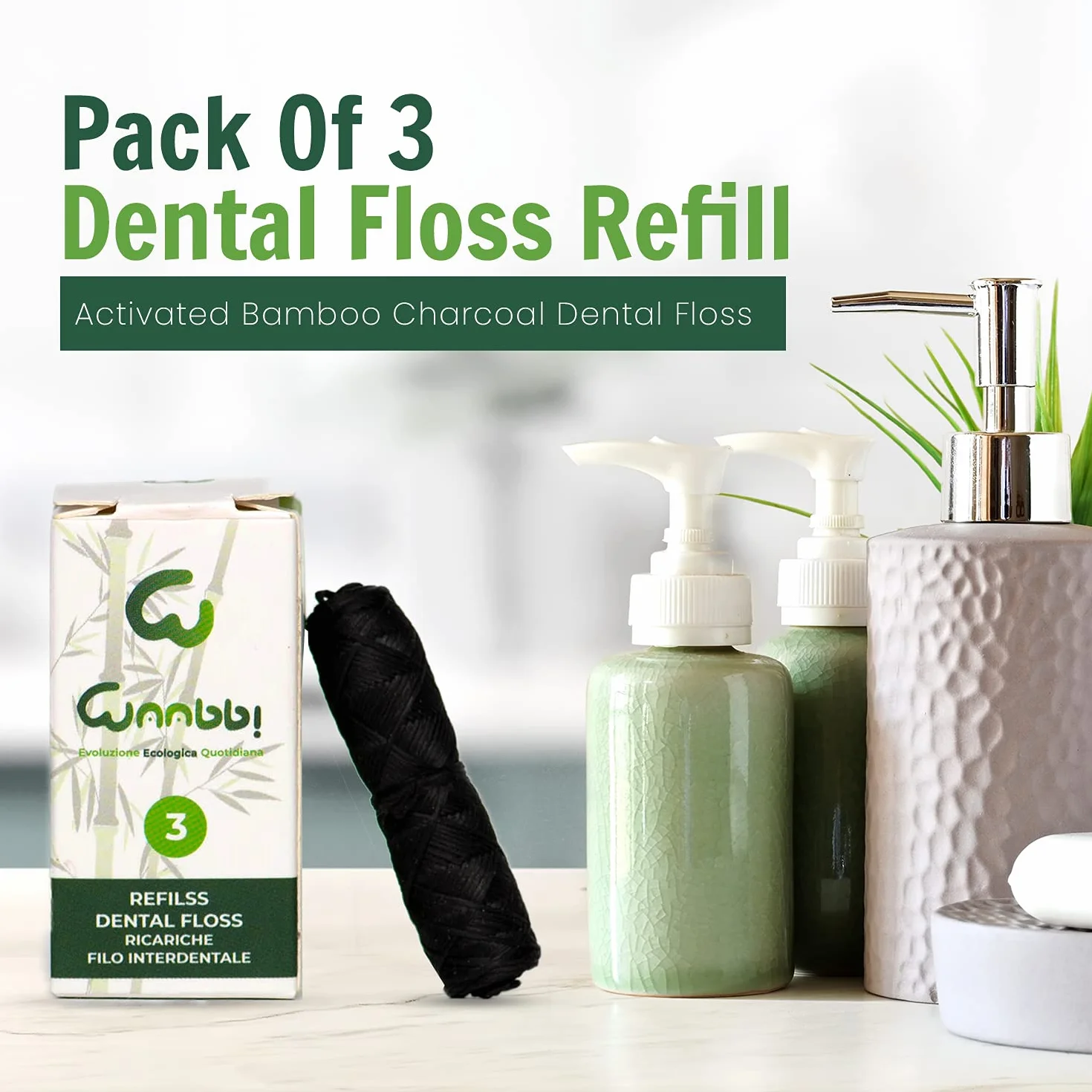 Ricariche per Filo Interdentale Carbone Attivo Bambù Biodegradabili 3X35M Pulizia Dentale Vegano Zero Sprechi Plastic Free Igiene Naturale Vegana
