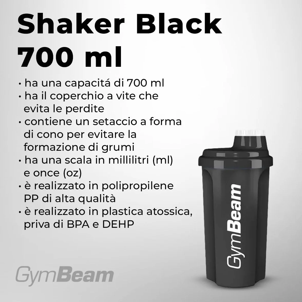 GymBeam Shaker per Proteine Premium, 700ml, con Coperchio Filettato, Adatto per Lavastoviglie, Microonde e Frigorifero, Shaker Palestra, Non Contiene BPA e DEHP (Black)