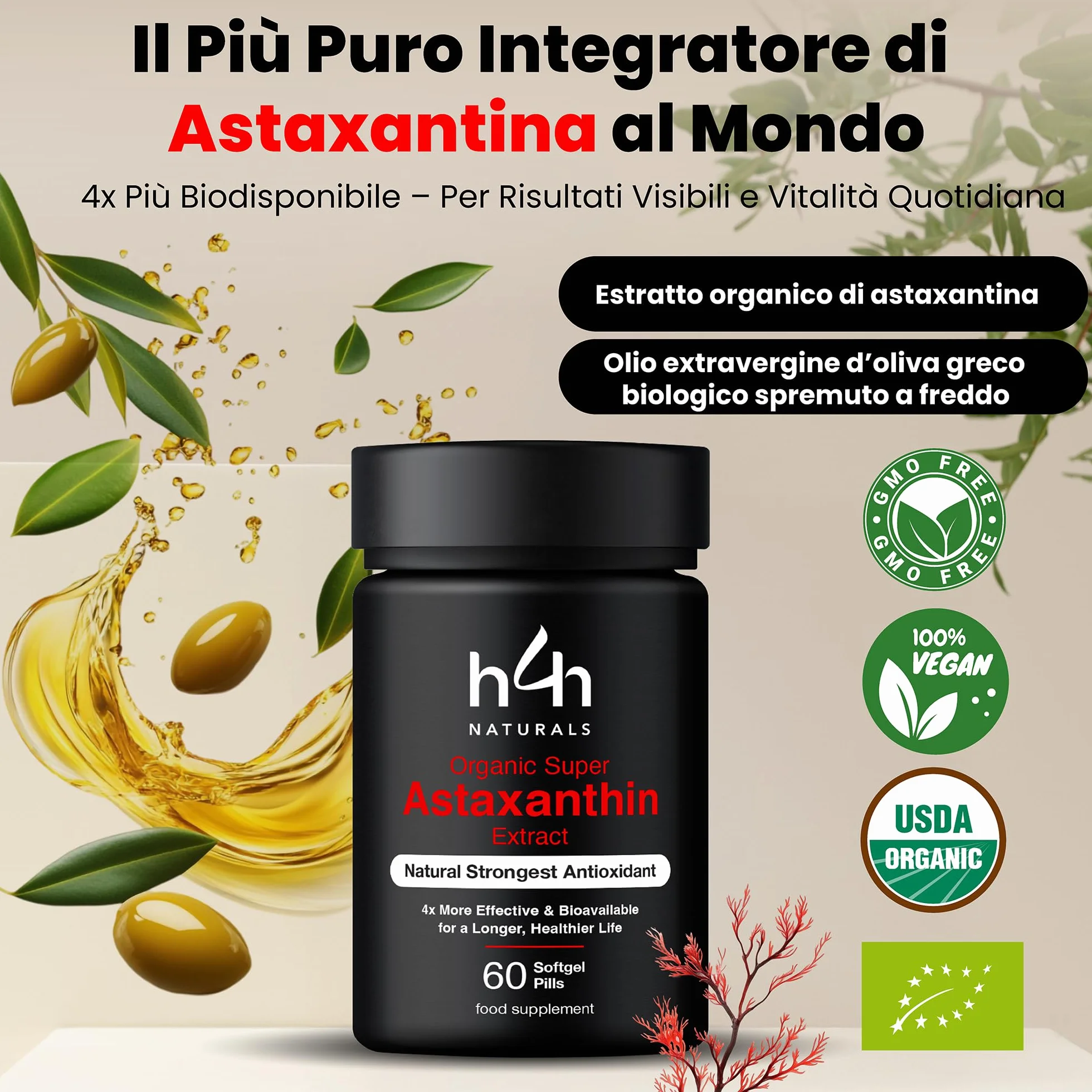 Super Astaxantina Biologica 16mg Polvere Olio d'Oliva Italiano Bio Vegan Certificati Bio UE/USDA