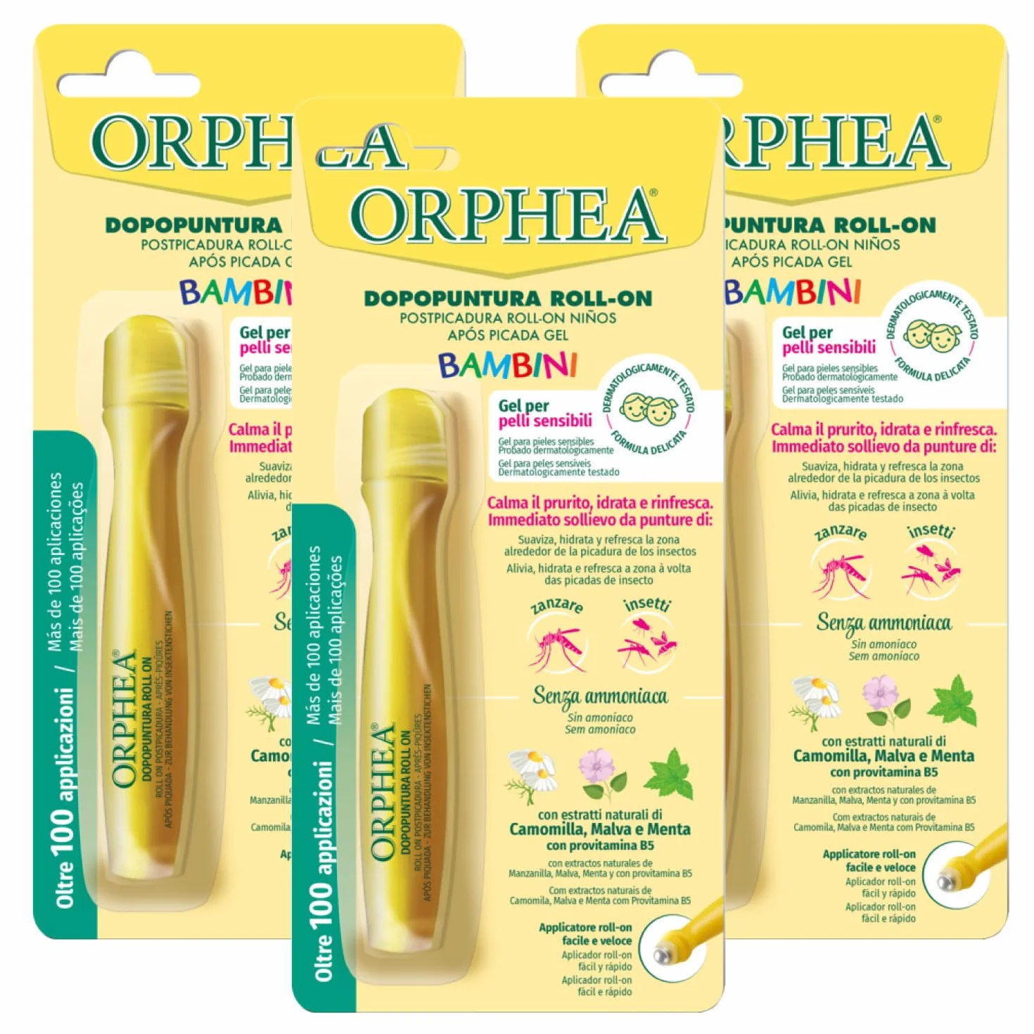 Orphea Dopopuntura Roll-On con pro-Vitamina B5 ed Estratti Naturali Senza Ammoniaca per Bambini Calma il Prurito Effetto Rinfrescante - 3 Flaconi da 10ml
