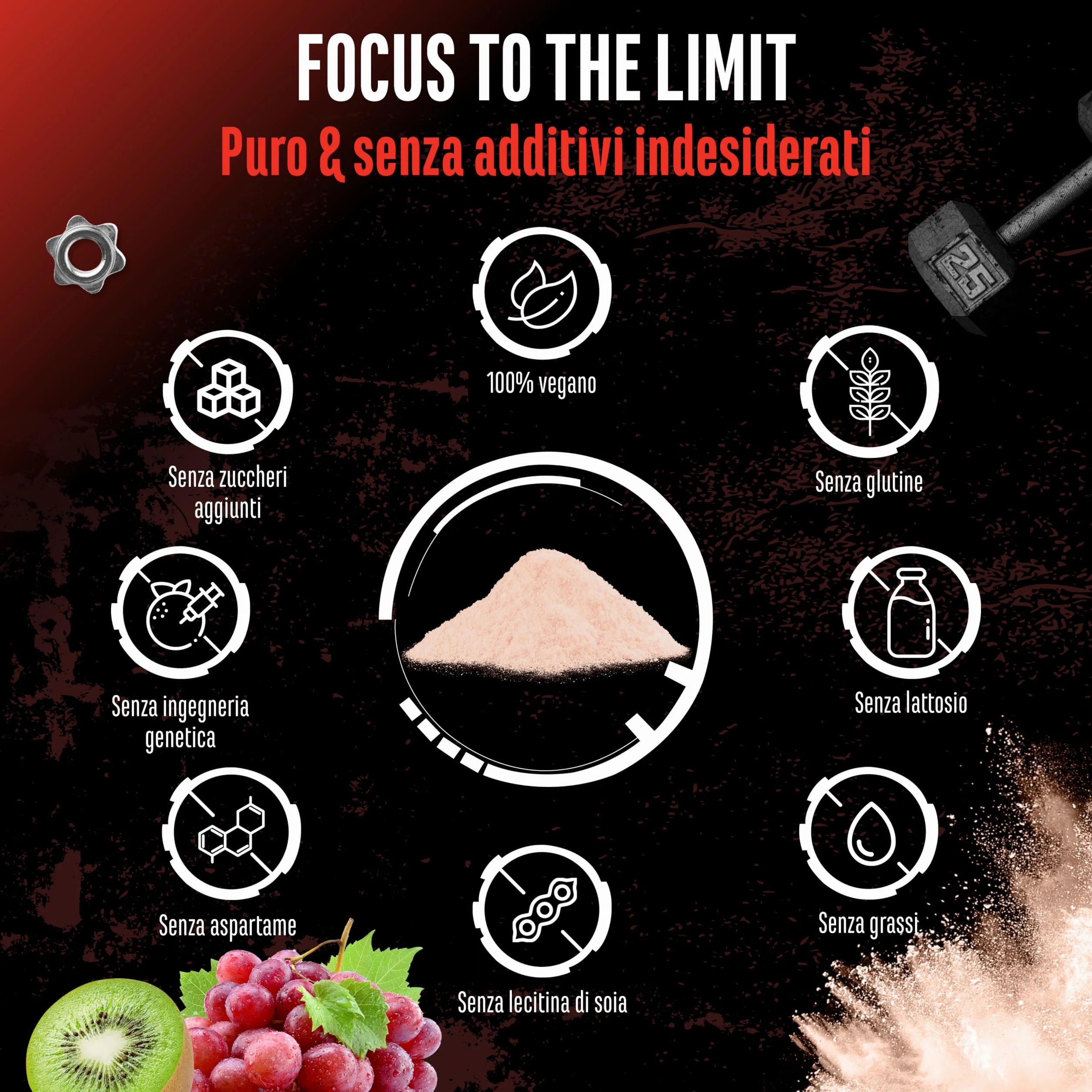 Focus to the Limit - Pre-Allenamento con L-Tirosina + Taurina + Inositolo + Estratto di Ginkgo + Citicolina + Radice di Rosa Rodiola + Caffeina e Vitamine - (240g, Gusto kiwi e uva Rossa)