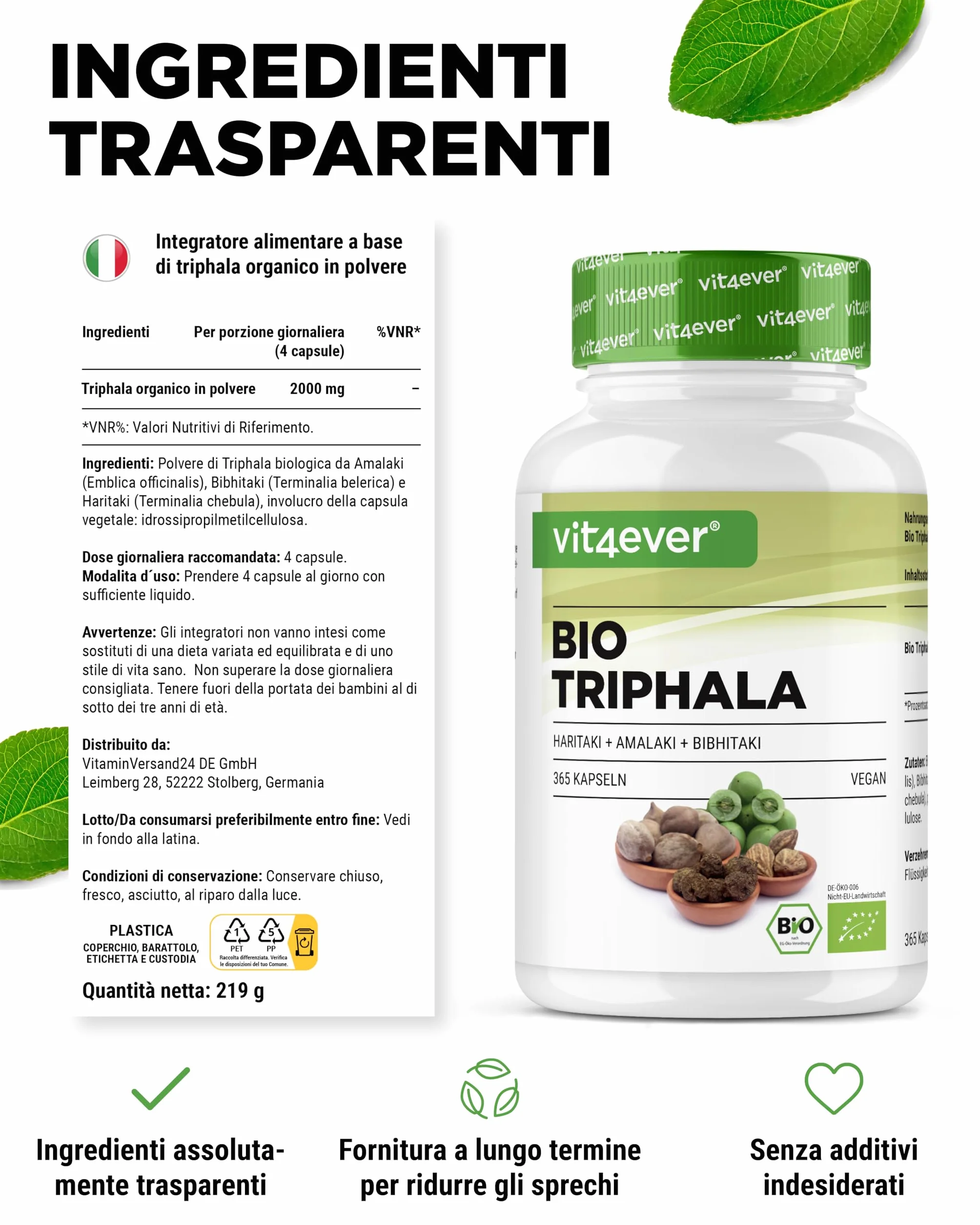 Triphala biologica - Alto dosaggio di 2000 mg (500 mg per capsula) - 365 capsule - Triphala in polvere dall'India: Haritaki, Amalaki, Bibhitaki - Senza additivi - Vegan