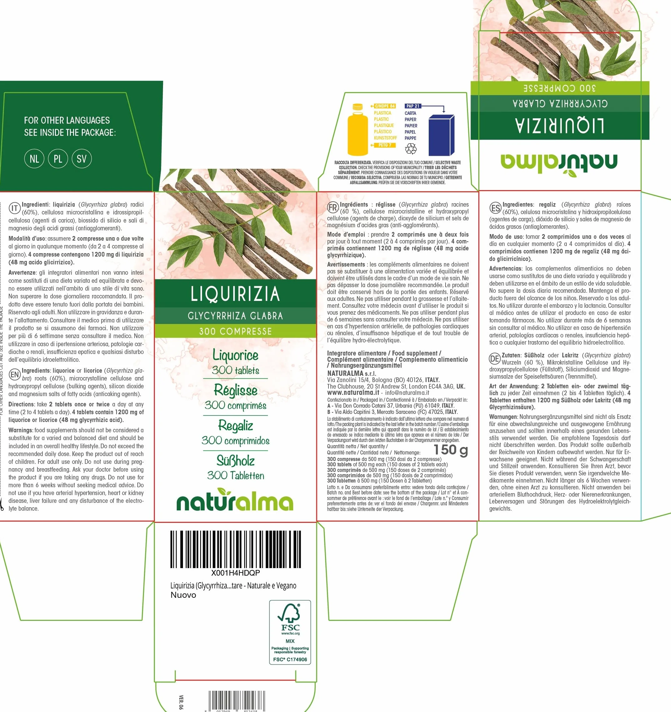 Liquirizia (Glycyrrhiza glabra) radici Naturalma 150 g 300 compresse Integratore alimentare