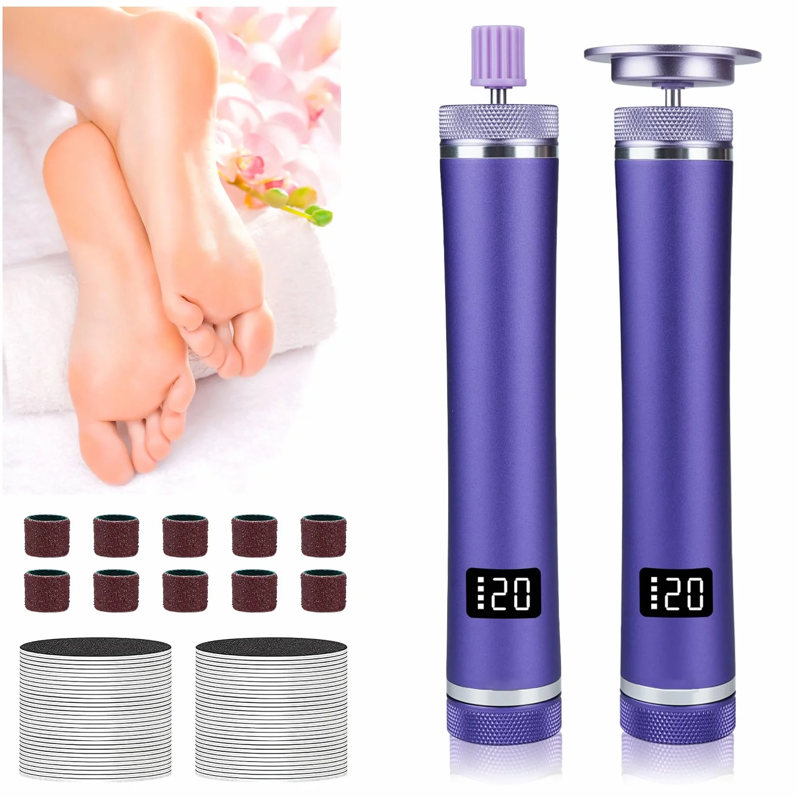 Levigatrice per unghie elettrica 2 in 1, rimozione calli ricaricabile, velocità regolabile 12 livelli, viola