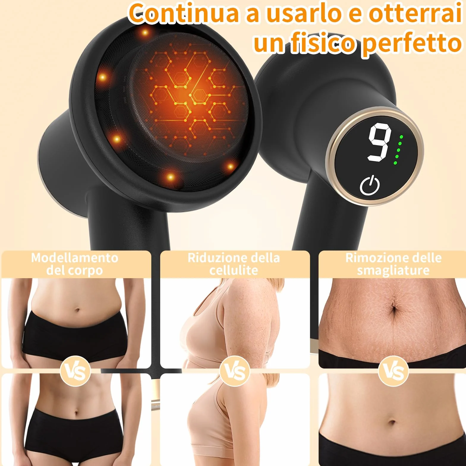 Massaggiatore Elettrico Anti-cellulite Senza Fili Nero, 9 Velocità e 8 Testine, Apparecchio Snellente Avanzato per Corpo e Braccia