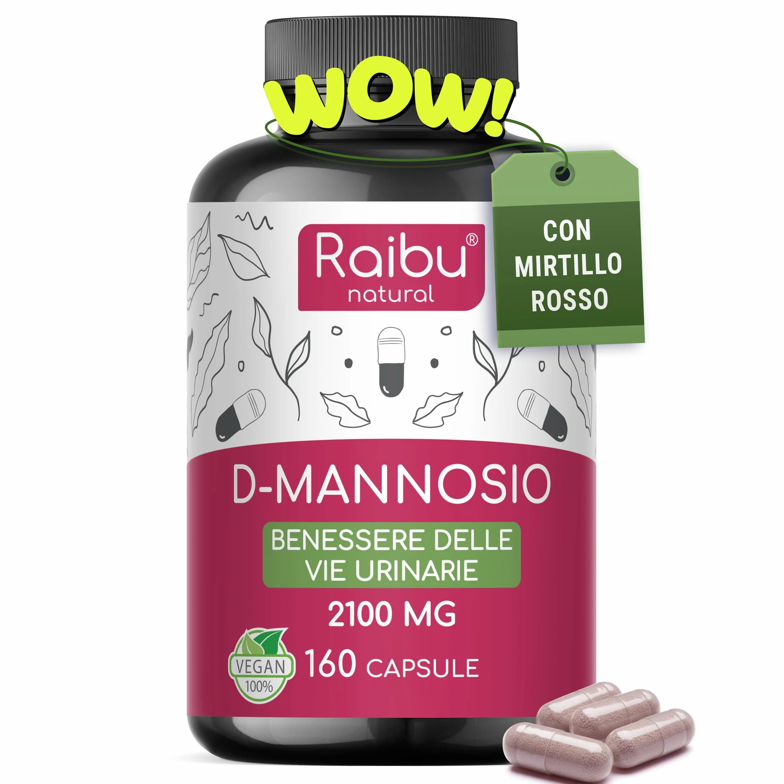 D-Mannosio PURO 2100mg con Mirtillo Rosso 160 Capsule Integratore per Vie Urinarie