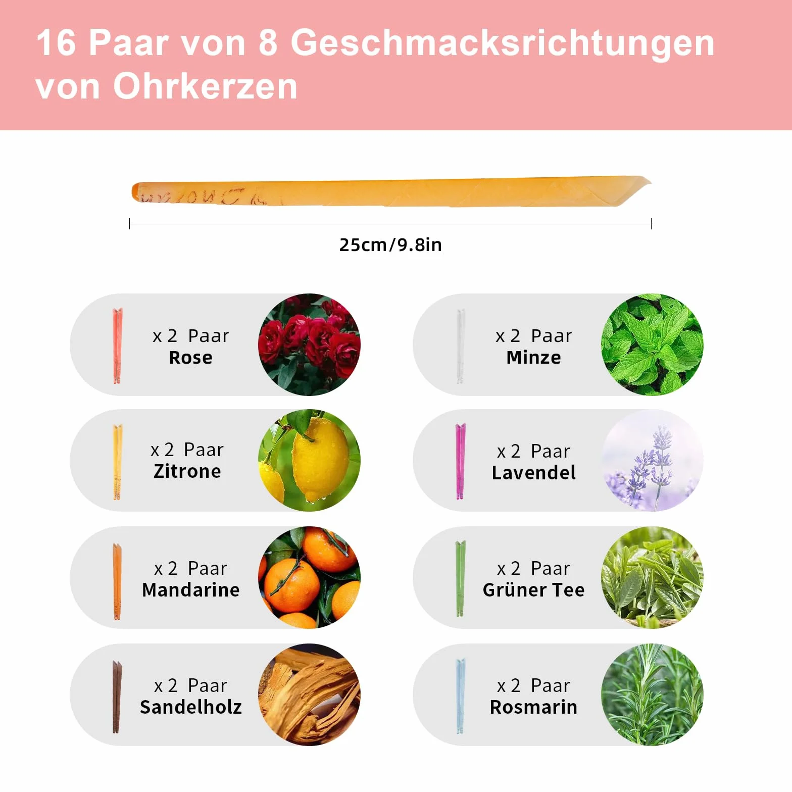 32 Pezzi 8 Diverse Fragranze Coni per Orecchie,25cm Cono Orecchie Cerume con 8 Dischi Protettivi e Tampone di Cotone,per Rimuovere la Cera Dell'orecchio,Relax e Pulizia