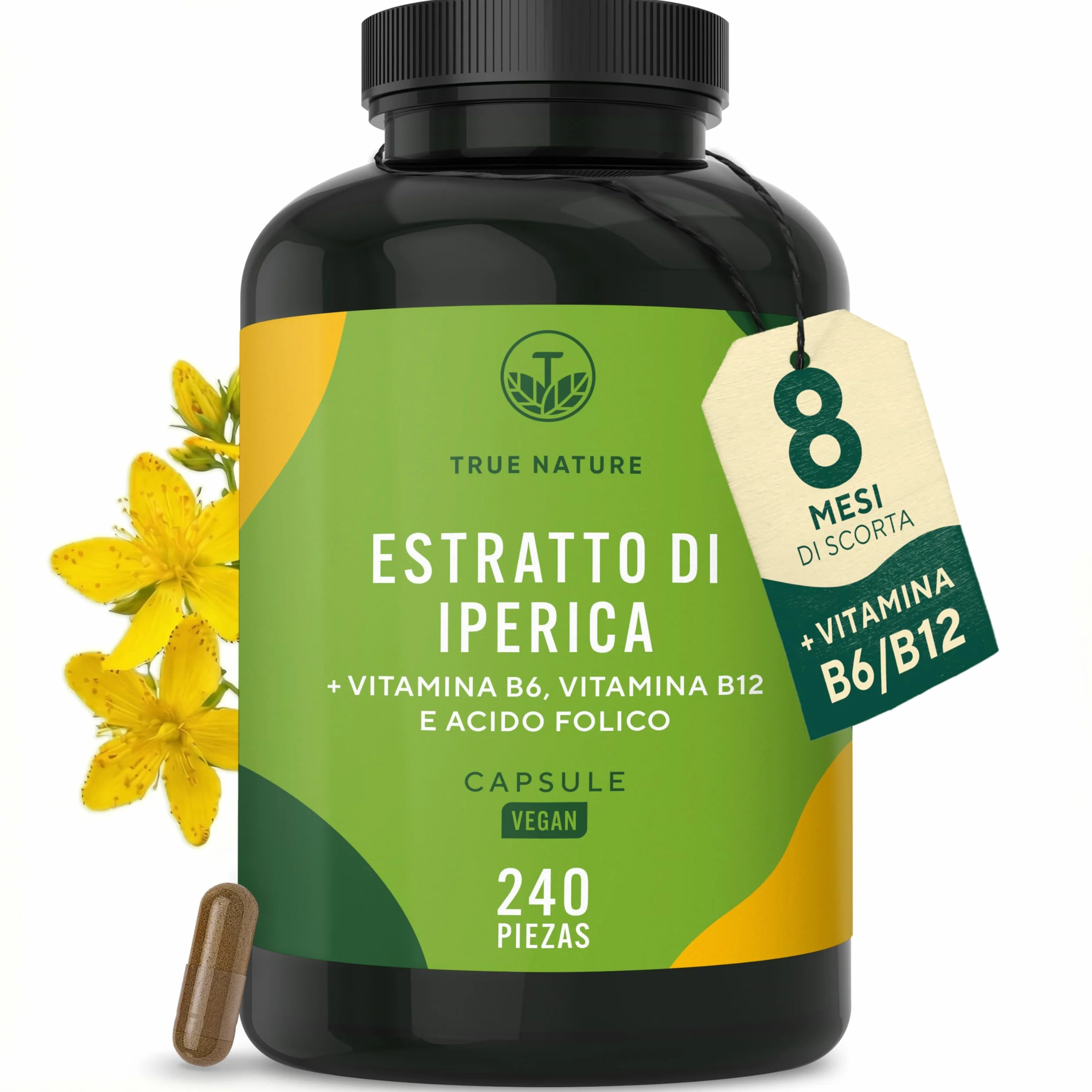 Capsule di iperico ad alto dosaggio - 240 capsule con le vitamine B6, B12 e acido folico - 5000 mg di iperico per capsula (estratto 10:1) - ipericina & iperforina - Prodotto in Germania - TRUE NATURE