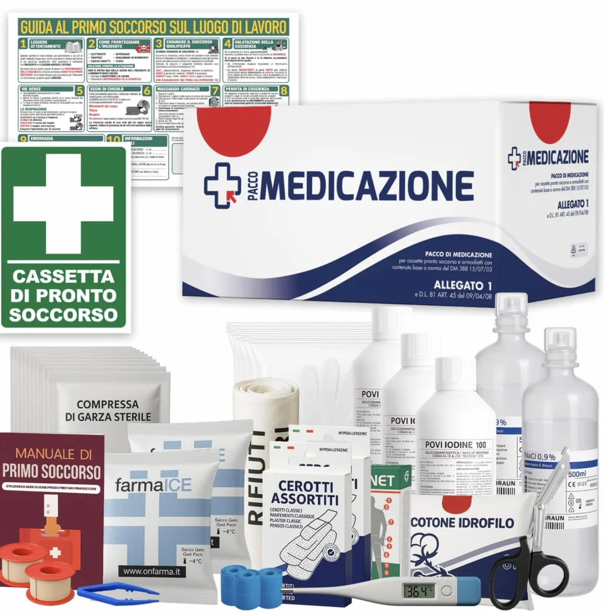 ONFARMA KIT DI REINTEGRO COMPLETO DI CARTELLO PRIMO SOCCORSO per aziende D.M. 388