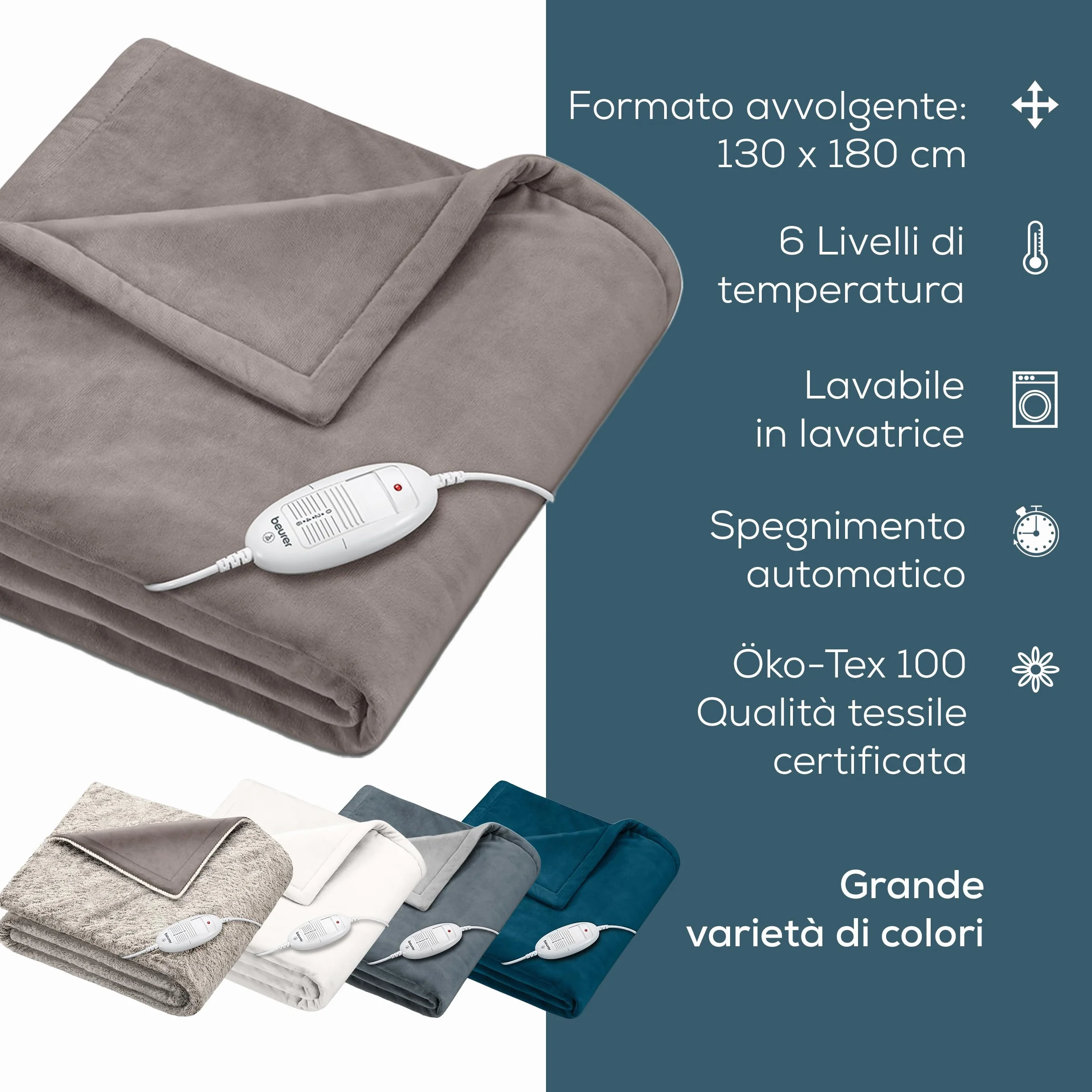 Beurer HD 75 Cosy Coperta Elettrica con Dispositivo di Termoregolazione Elettronico, 6 livelli di temperatura e spegnimento automatico dopo 3h, colore Taupe