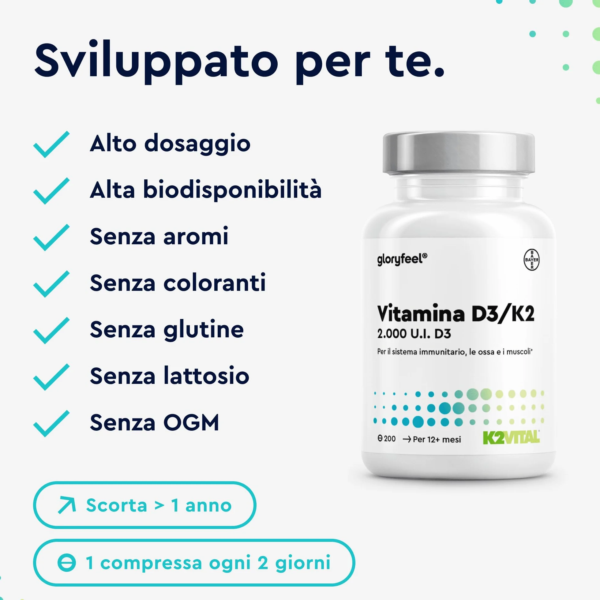 Vitamina D3 + K2 ad alto dosaggio - 200 compresse - Premium: K2VITAL® di Kappa - 99,7% di vitamina K2-MK7 trans + 2000 UI di D3 (1 ogni 2 giorni) - Prodotto di Germania analizzato in laboratorio