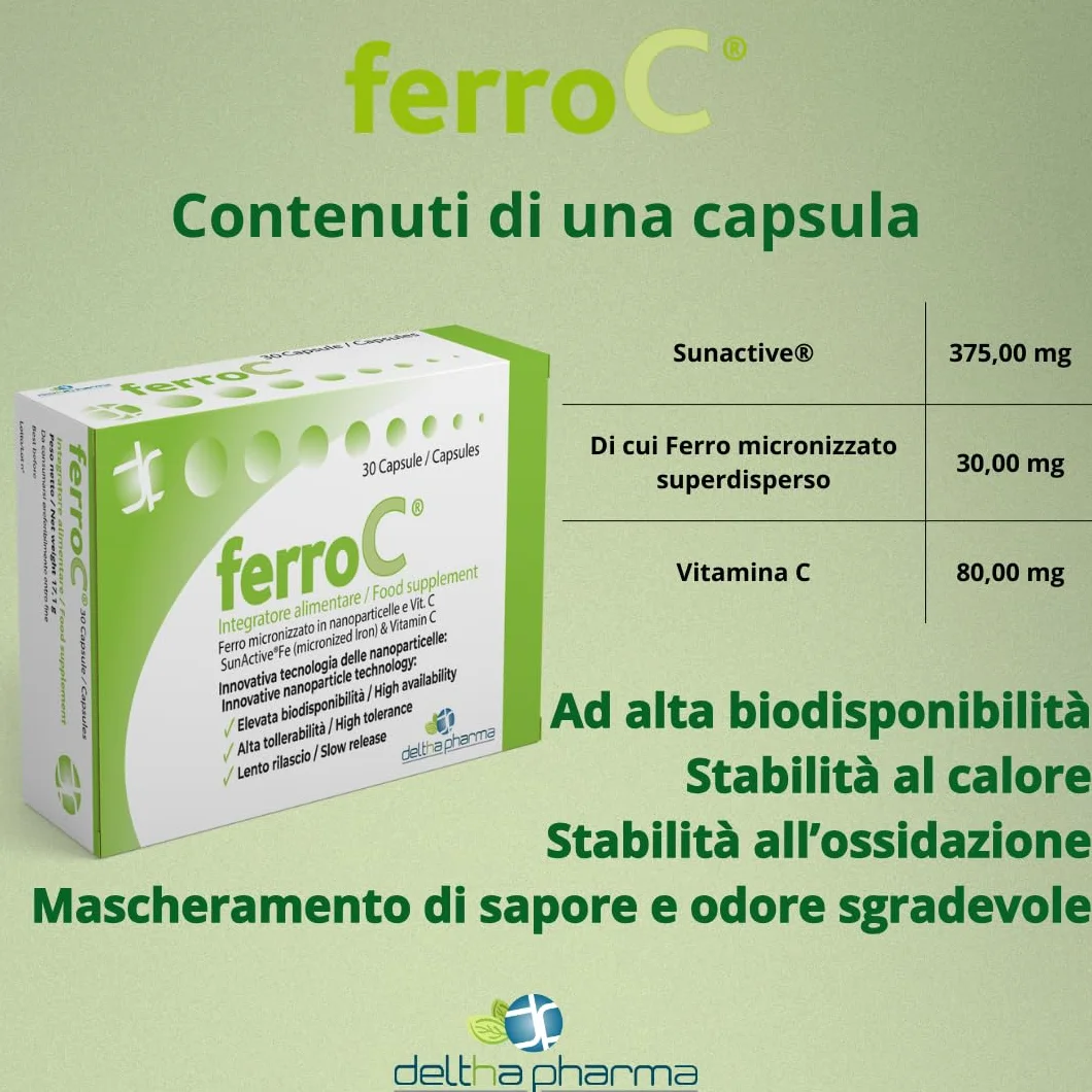 Ferro 30mg e VitaminaC 30 Caps vegetali Ferro Forte lento rilascio, Pirofosfato Micronizzato Superdisperso, Alta Biodisponibilità e Tollerabilità, Buon Sapore - per Glubuli Rossi e Emoglobina