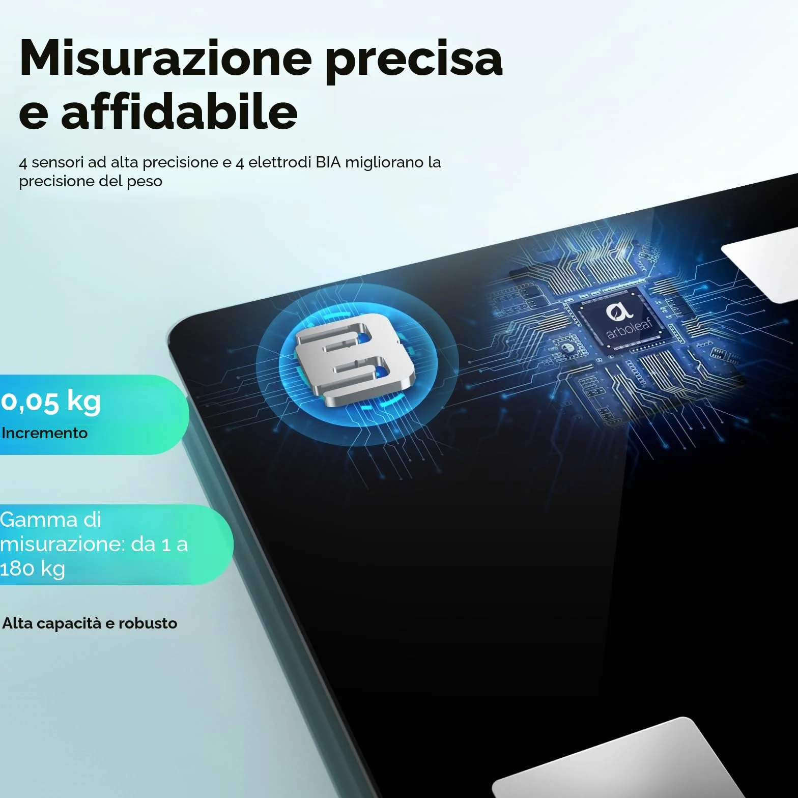 arboleaf Bilancia per il peso corporeo, bilancia da bagno Bluetooth con Smart APP, bilancia pesapersone digitale ad alta precisione per BMI, analizzatore di composizione corporea 14, 400lb/180kg