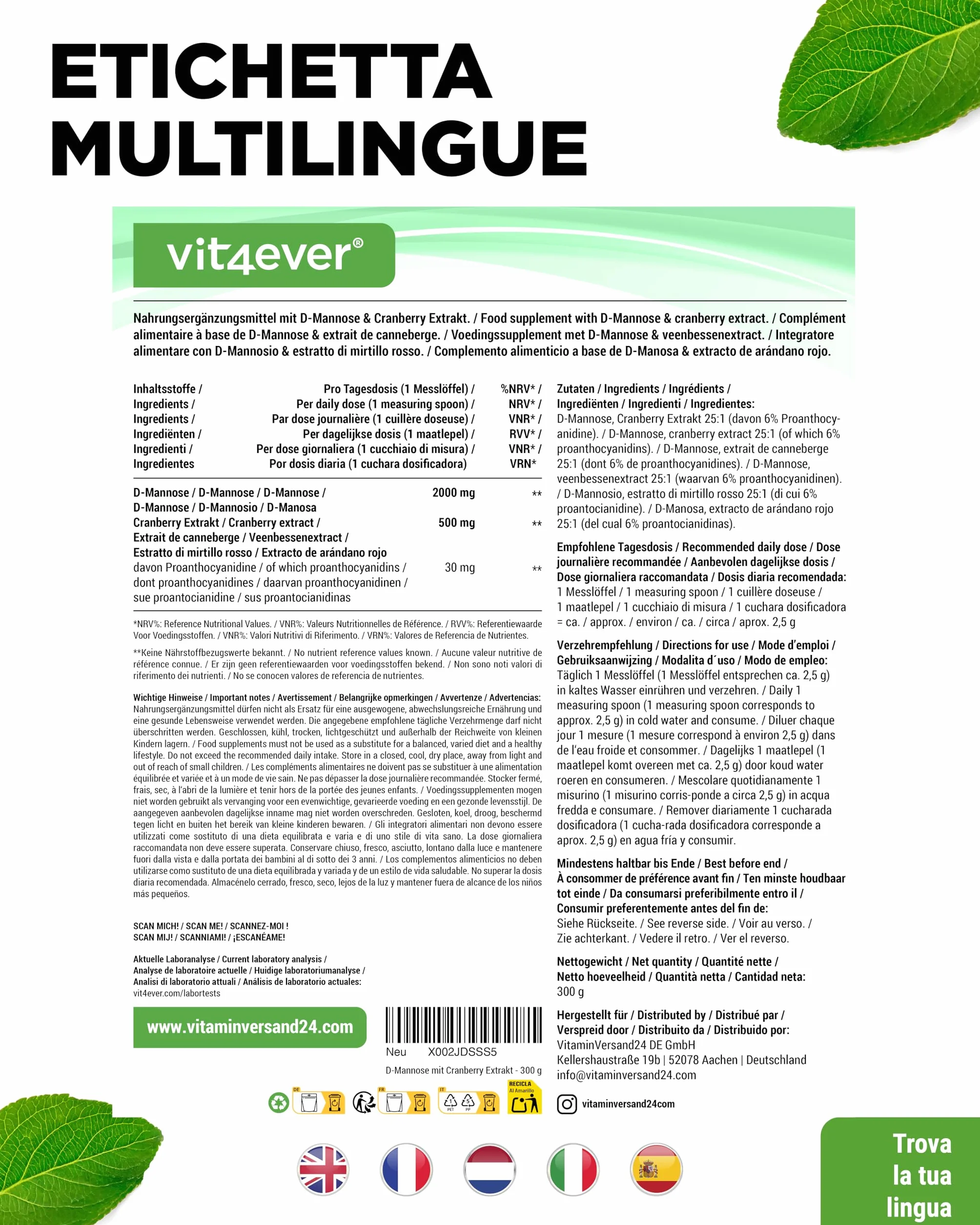 Vit4ever D-Mannosio in Polvere con Cranberry 2000 mg + 500 mg - 300 g - 120 Applicazioni - Vegano