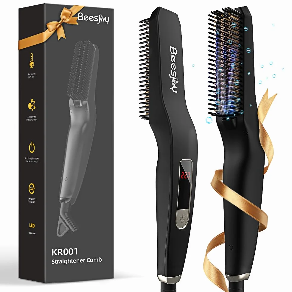 Beesjuy Piastra Per Barba Uomo, Piastra Barba, Cura degli Ioni Negativi, Design del Pettine Crittografato, Display Digitale a LED, Riscaldamento Rapido, Regali Uomo Regalo Papa Compleanno