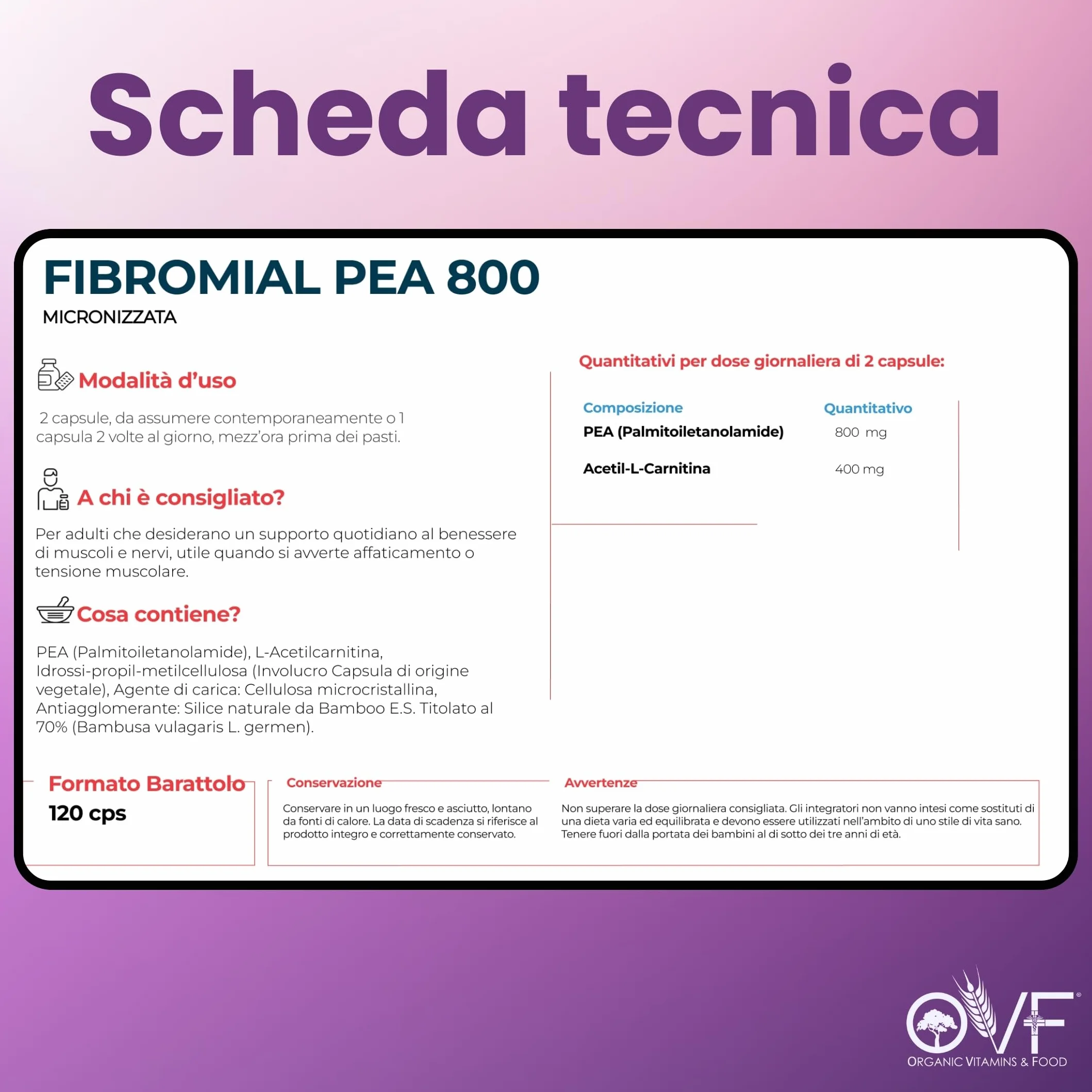 Integratore Fibromial PEA 800 120cps Palmitoiletanolamide Acetil Carnitina Supporto Benessere Nervi Muscoli