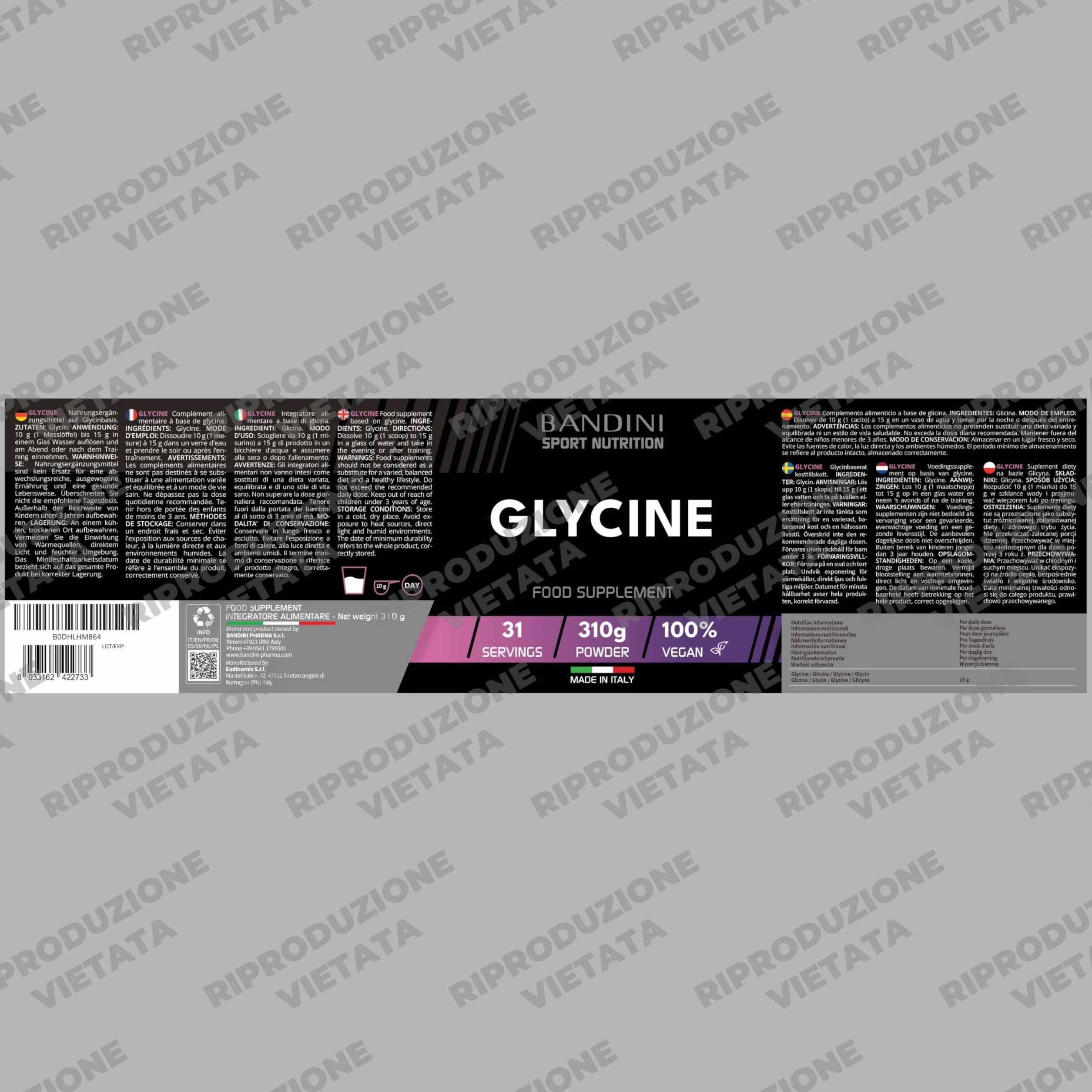 Bandini® GLICINA Polvere, Glycine Pura e Cristallina, Aiuto per il sonno, Puro Aminoacido Naturalmente Dolce, L-Glycin da 310 g, Sintesi del Collagene per Pelle e Articolazioni, Senza Additivi