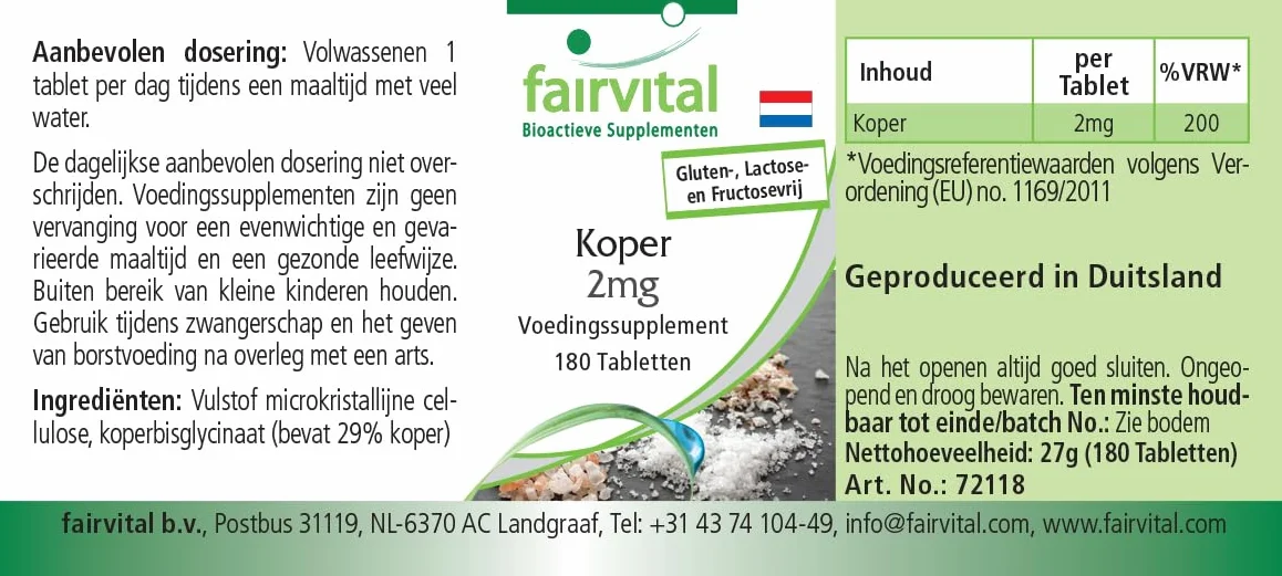 fairvital Rame 2 mg, 180 compresse, facili da deglutire, bisglicinato di rame, qualità testata e ad alto dosaggio, 100% vegano, Made in Germany