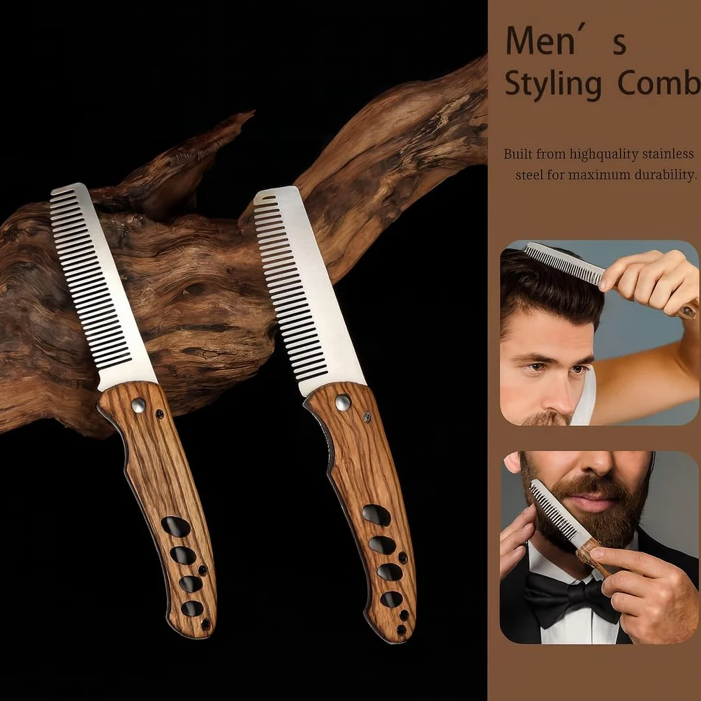 Pieghevole Pettine Barba Uomo Legno Acciaio Inox Accessorio Viaggio Modello Tascabile