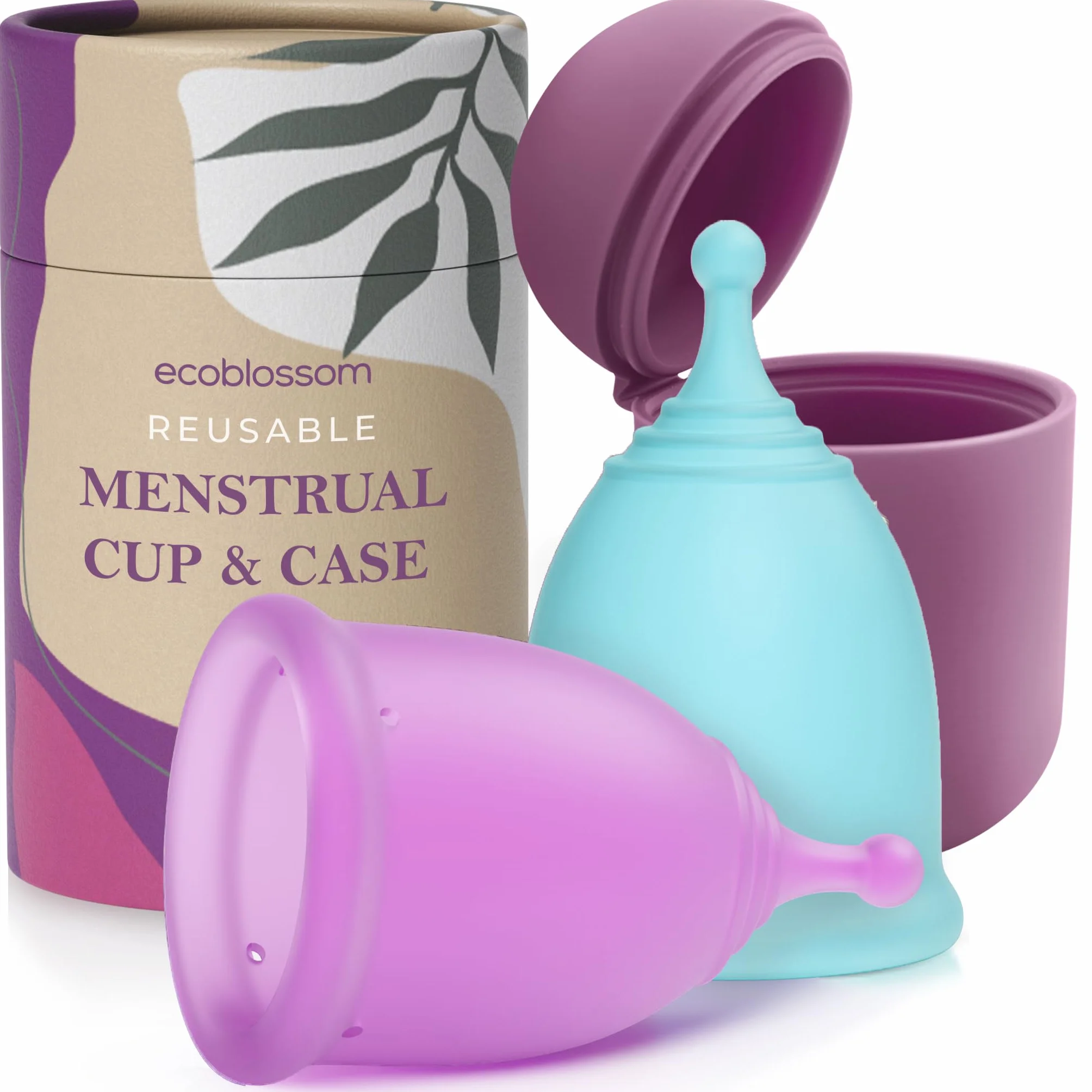 Ecoblossom Coppette mestruali riutilizzabili a prova di perdite - Silicone di grado medicale, sostenibili, ecocompatibili, con custodia. Confezione da 1 coppetta mestruale piccola e 1 grande