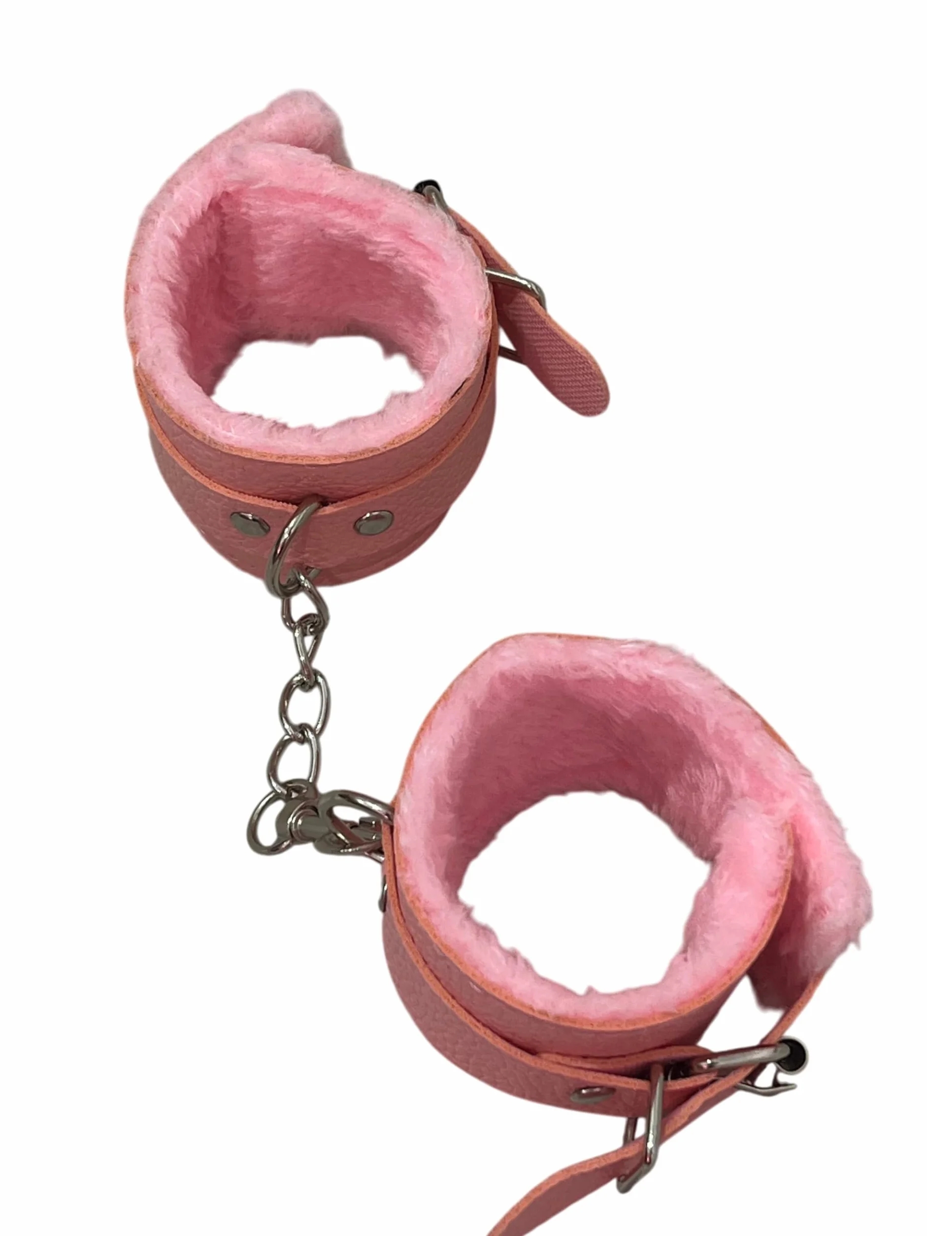 Manette in Pelle con Peluche Rosa e Moschettone - Polsiere in Ecopelle - Manette Pelose Finte Giocattolo