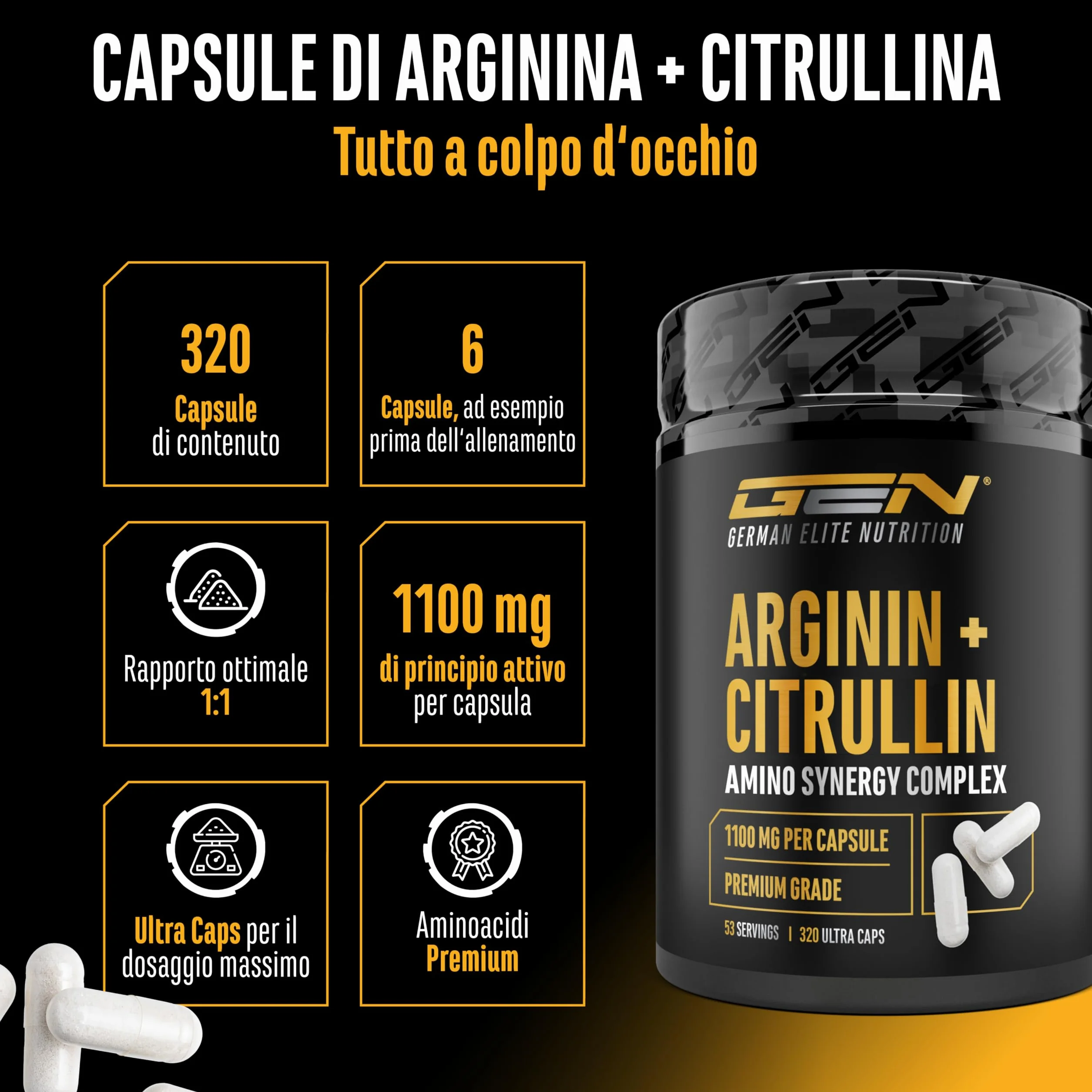 L-arginina + L-citrullina - 320 capsule - 1100 mg per capsula - Ultra Caps ad alto dosaggio con arginina base e citrullina nel rapporto 1:1 - Combinazione di aminoacidi di alta qualità