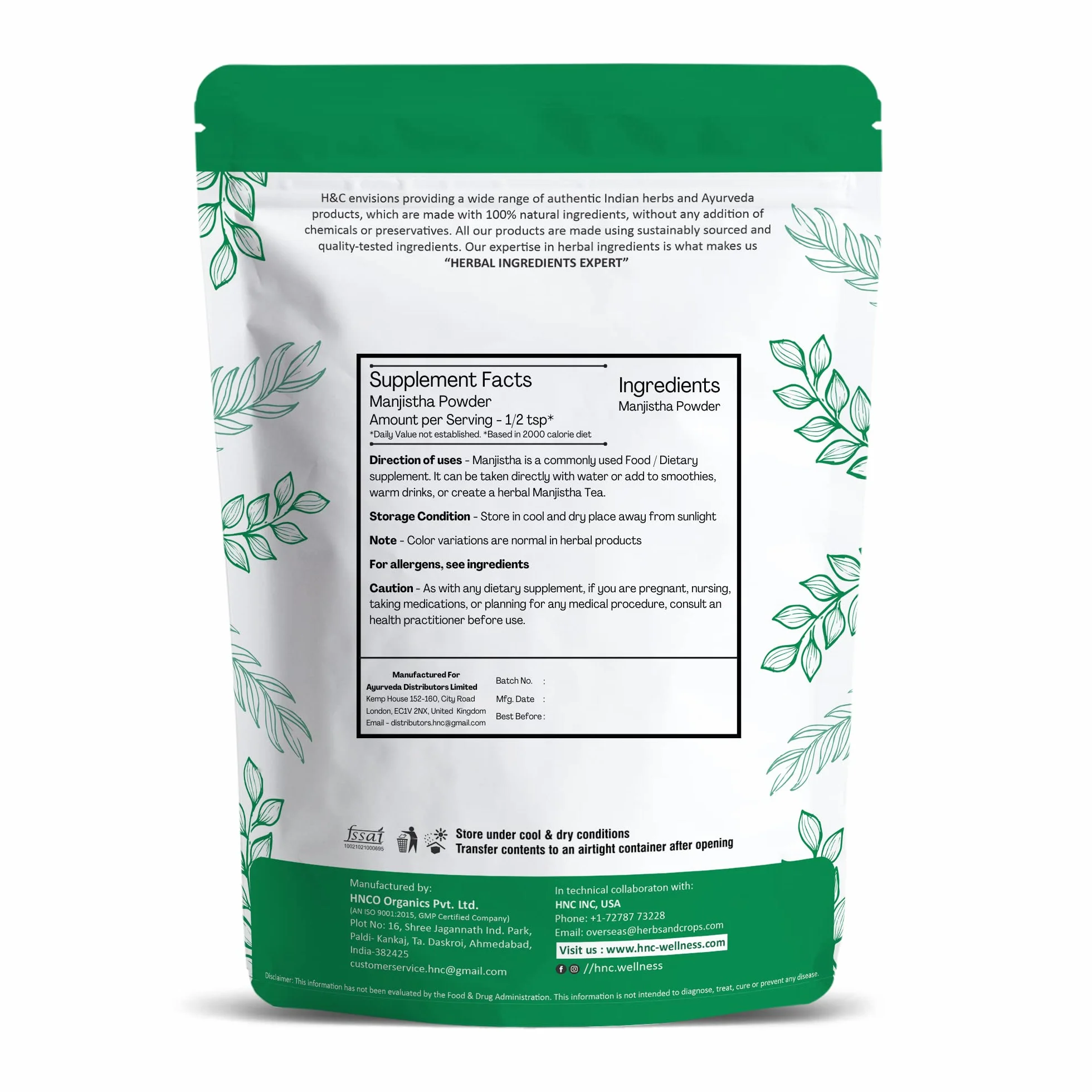 H&C Manjistha Powder (Rubia cordifolia) - 1Kg | Detox | Detergente per sangue ayurvedico