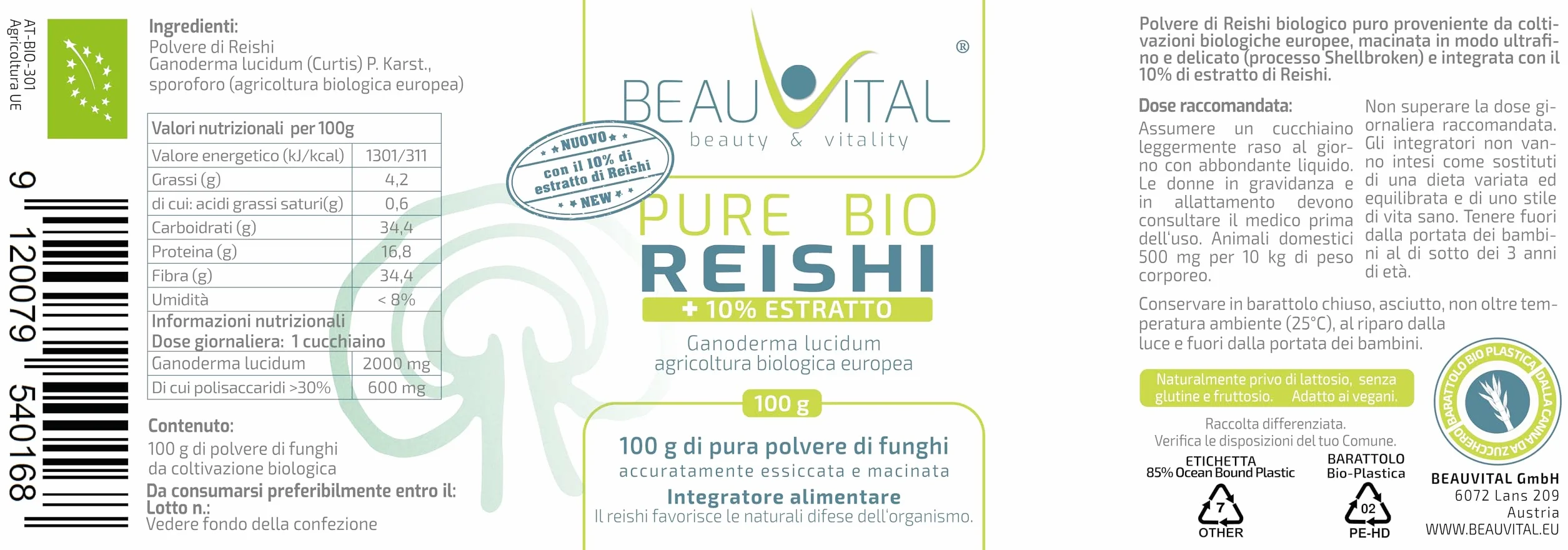 Pure Bio Reishi Ganoderma 100 g con estratto di Reishi biologico al 10% | Nuova formula | Ganoderma lucidum da agricoltura biologica dell'UE, vegan, senza additivi artificiali