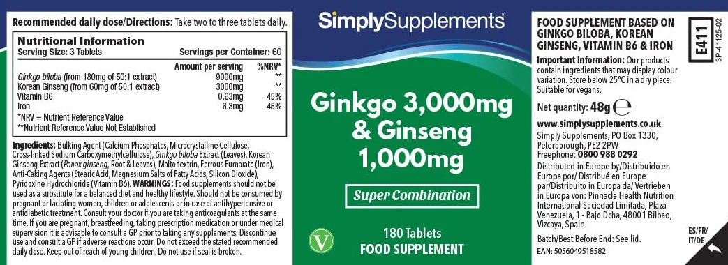 Ginkgo Biloba 3.000mg & Ginseng Coreano 1.000mg – Integratore Naturale ad Alta Potenza – 360 Compresse Vegane – Scorta per 4 Mesi – SimplySupplements