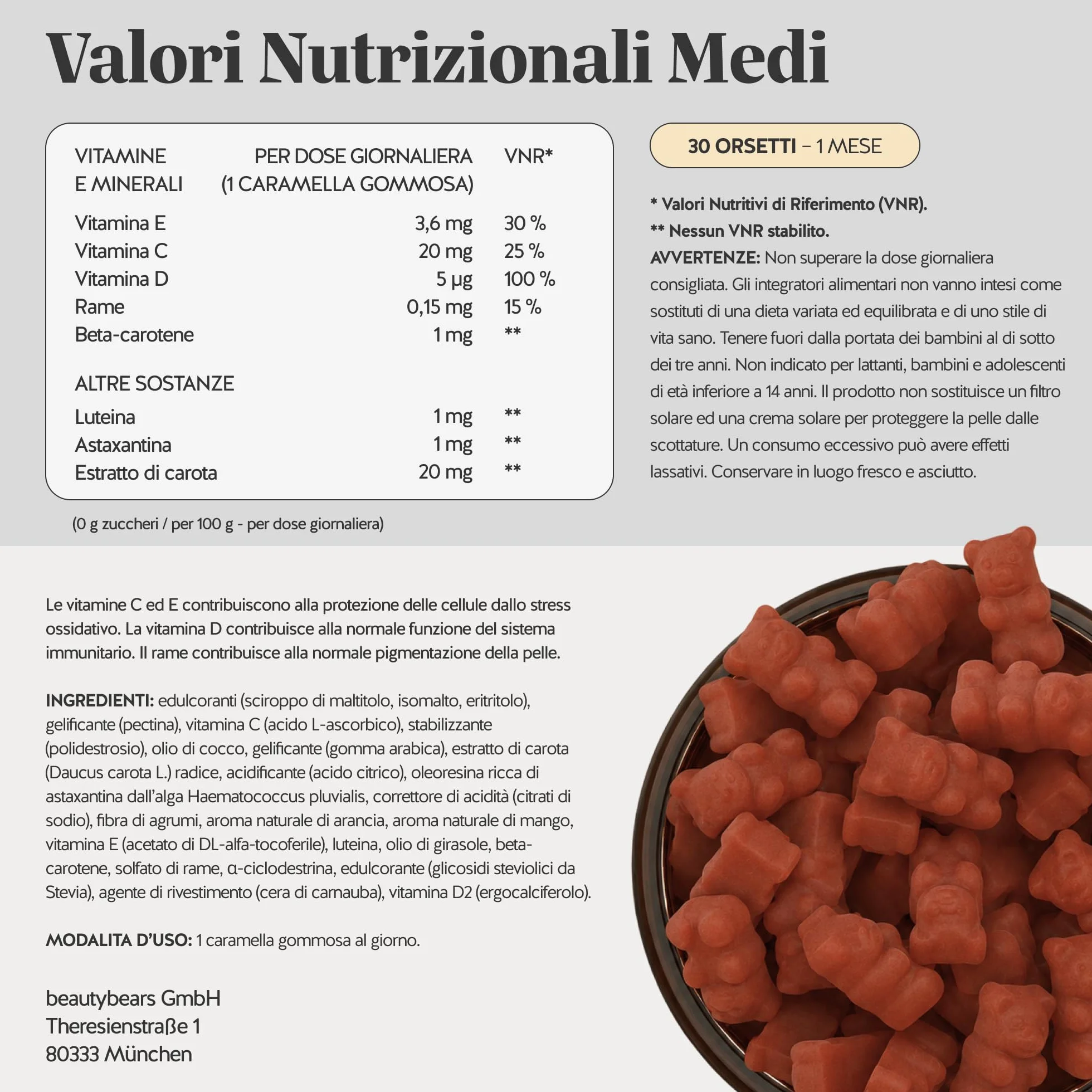 Golden Goddess Tan Vitamin Caramelle Gommose 30 pezzi - Complesso Abbronzante con Vitamina C, E, D, Betacarotene e Rame - Senza Zucchero, Vegano