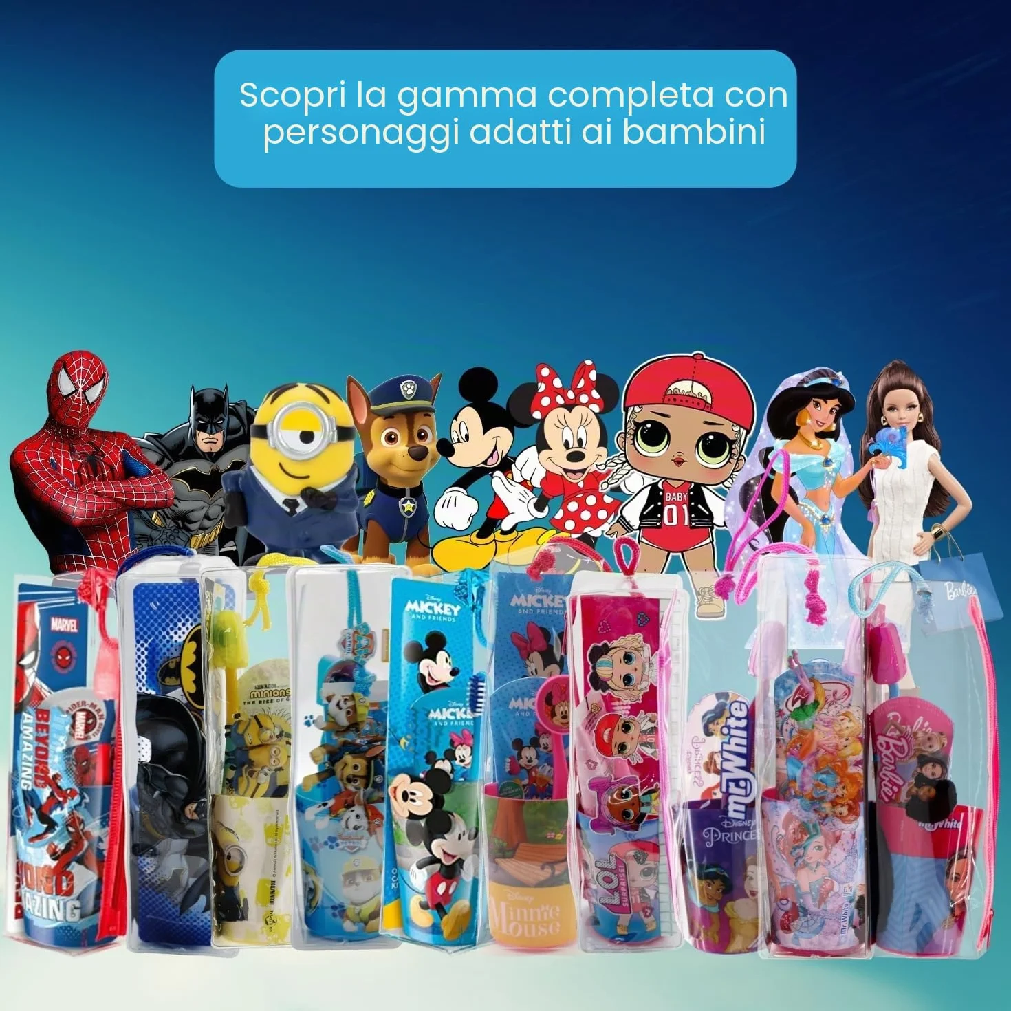 Mickey Mouse - Set di sacchetti per bambini, adatto ai viaggi, con spazzolino manuale con ventosa, tappo da viaggio, dentifricio al gusto di menta delicata per bambini da 75 ml e bicchiere Mr. White