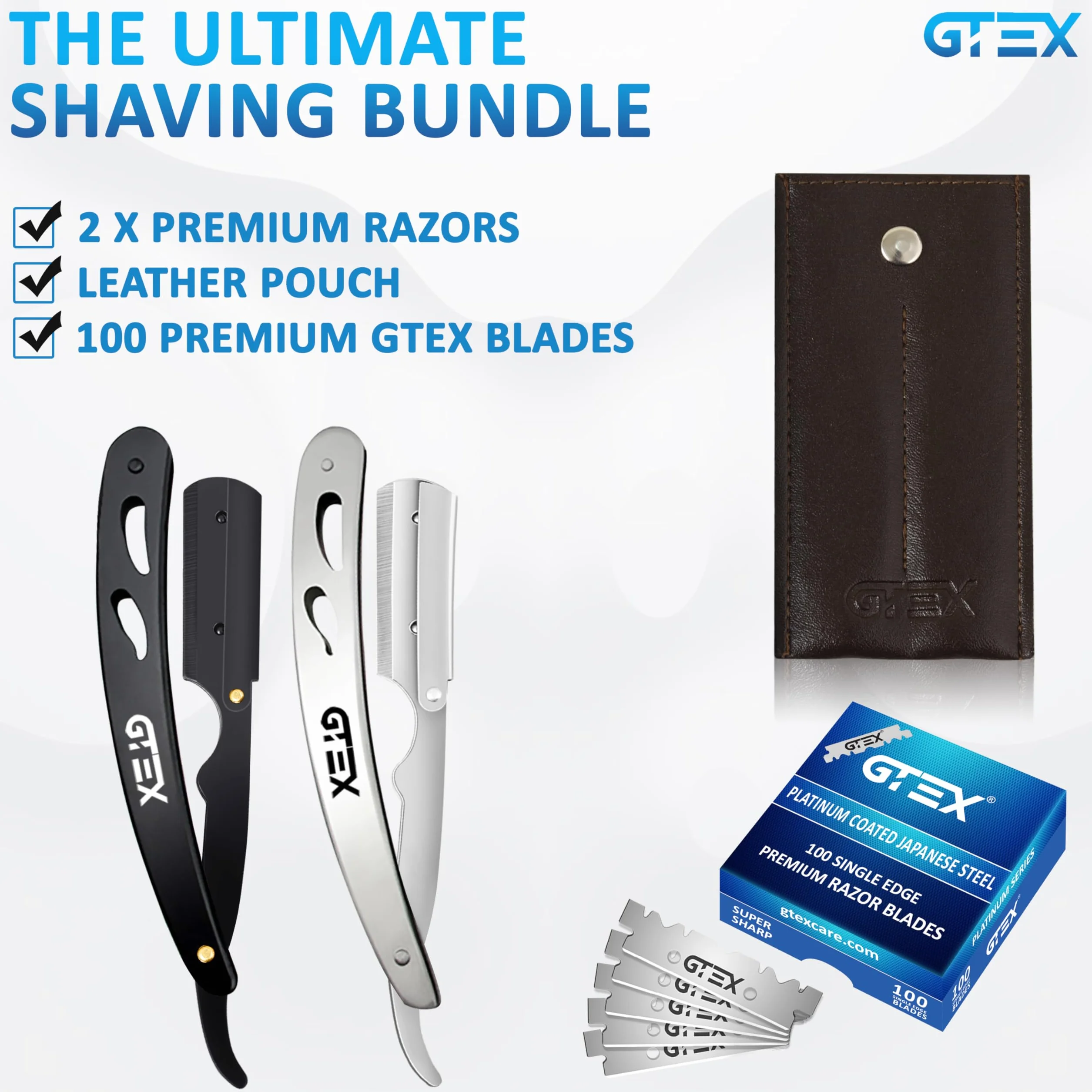 Rasoio a Mano Libera Professionale GTEX - 2 Rasoio Barba Manuale Uomo con 100 Lamette da Barba GTEX Premium - Rasoio Barbiere per la Rasatura e la Cura dei Contorni Barba Uomo - Straight Razor Set