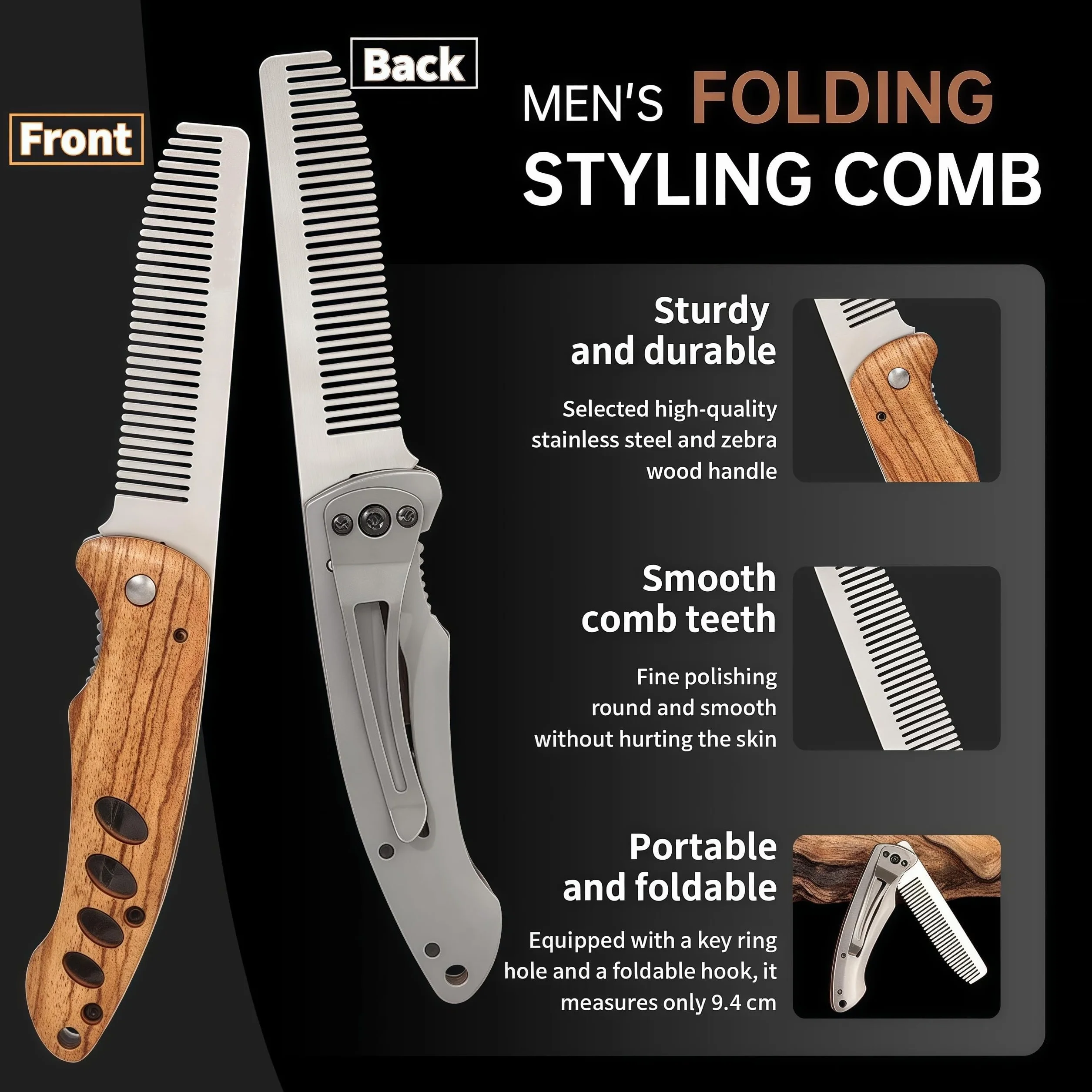 Pieghevole Pettine Barba Uomo Legno Acciaio Inox Accessorio Viaggio Modello Tascabile