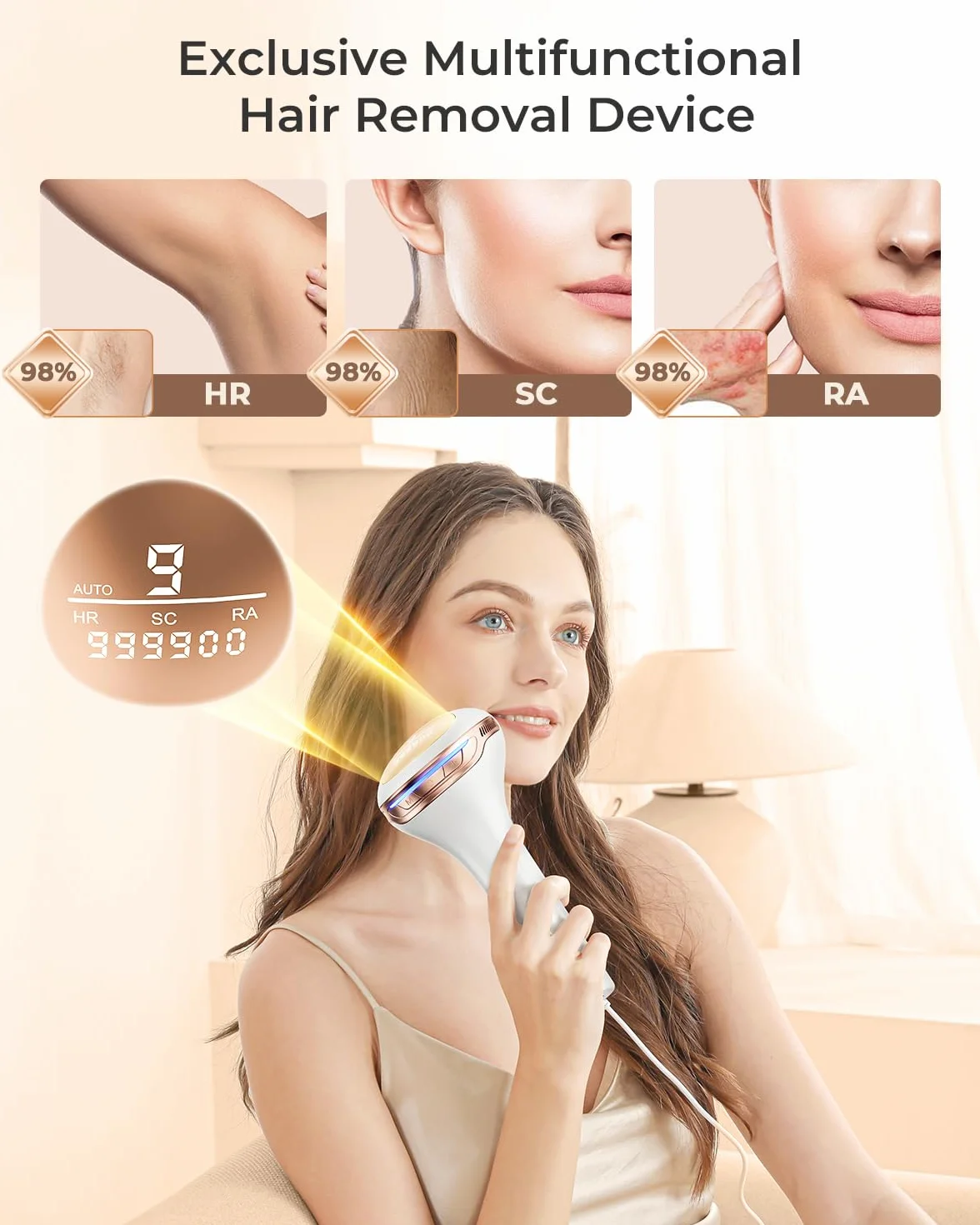IPL Epilatore Luce Pulsata, 3 in 1 Laser Epilatore a Luce Pulsata Efficiente 600NM-1200NM Laser Depilazione, 9 livelli di Energia, 999,900 Luce Pulsata per Donne, Viso, Ascelle, Corpo