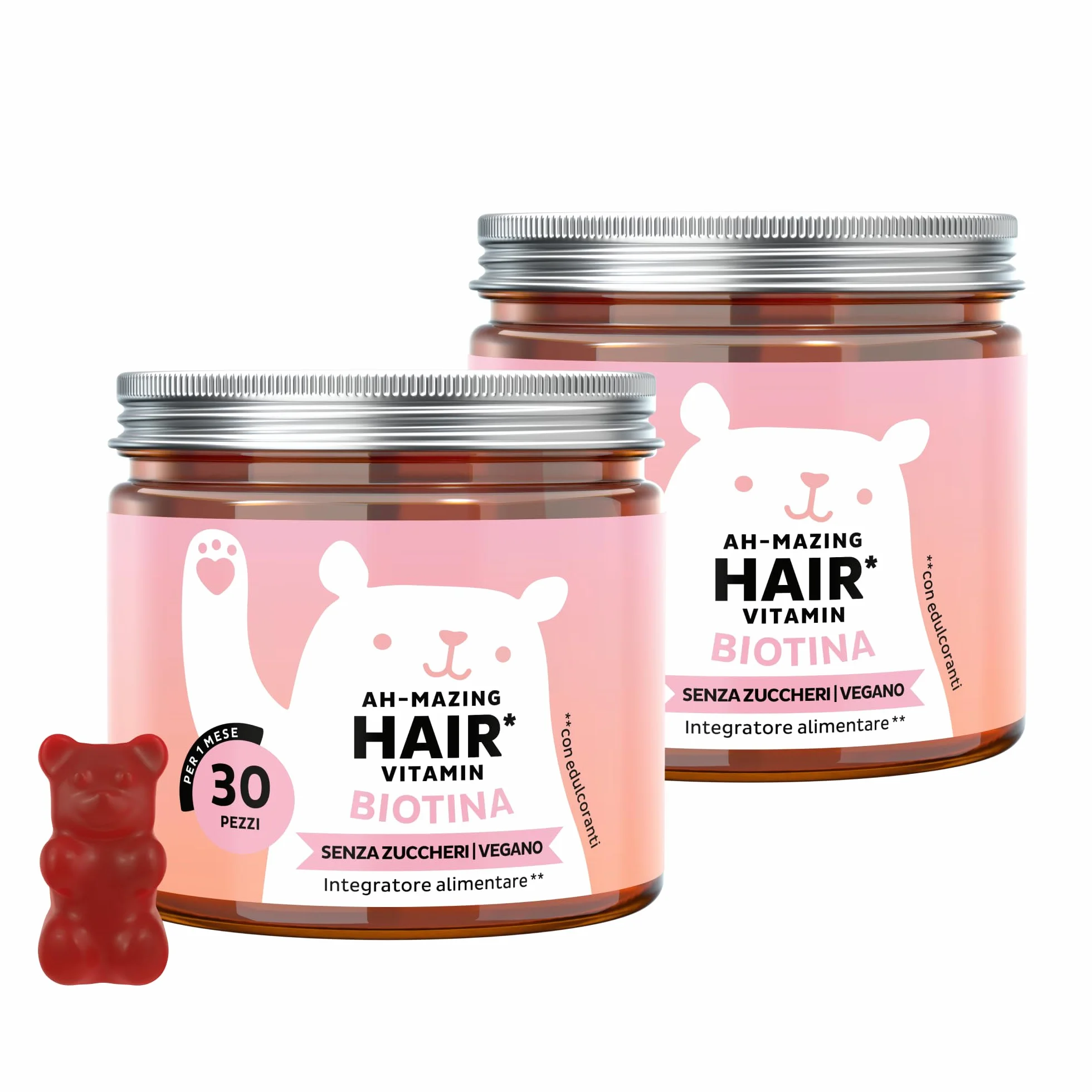 Biotina Gummies Ah-mazing Hair – Integratori per Capelli – 10.000 µg, Zinco, Vitamina B6, C, E, Iodio – Pack 2x30 (2 Mesi), Vegane, Senza Zucchero