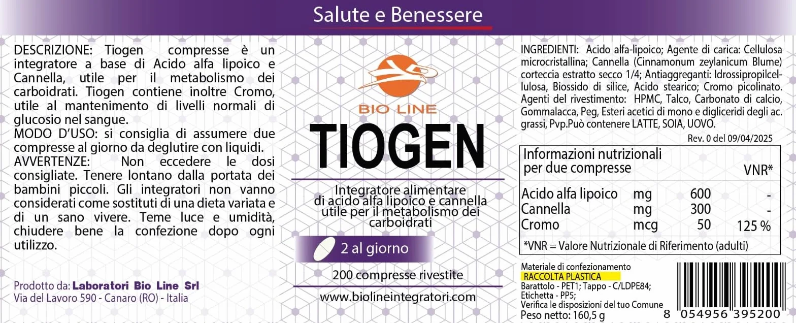 TIOGEN Integratore Alimentare Acido Alfa Lipoico 600 mg Cromo Picolinato Cannella 200 Compresse