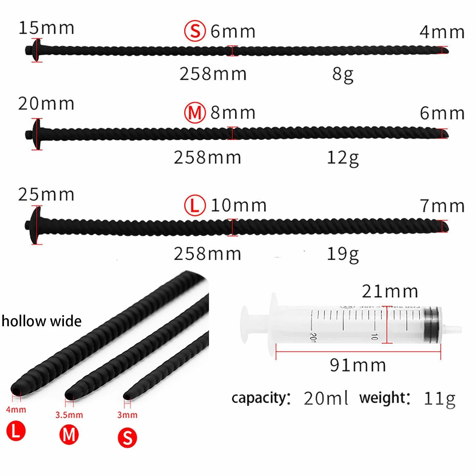 Asta vibrante liscia opzionale in 3 misure con siringa, speciale allungamento maschile per una minzione facile, set di allenamento speciale per uomini -D23IT (3 sizes combination)
