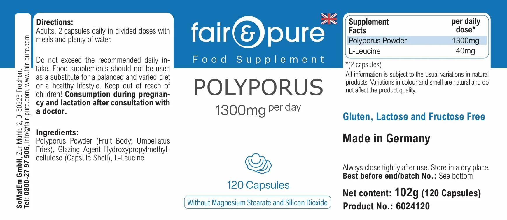 Fair & Pure® - Polyporus umbellatus - Polyporus 1300mg - Vegan - Polvere in capsule - 120 Capsule