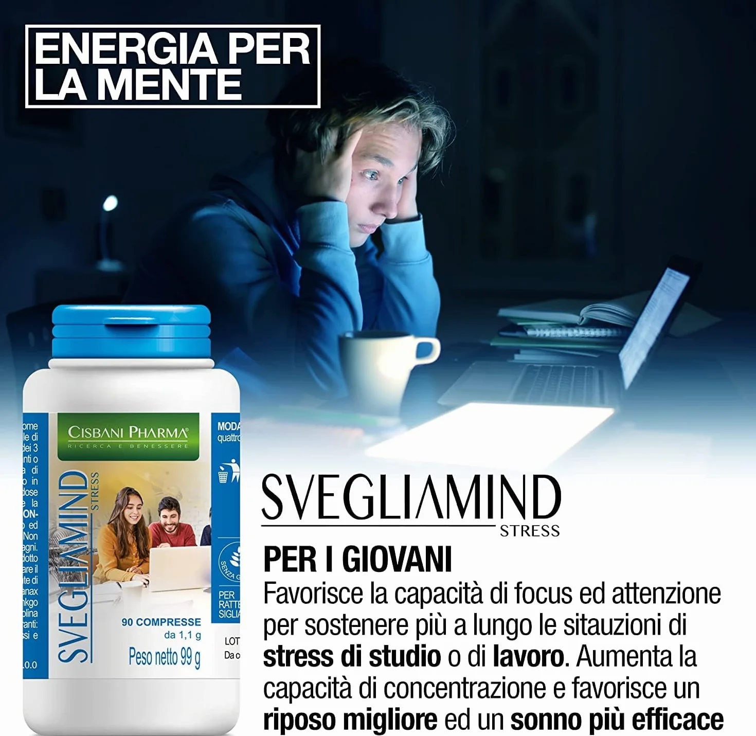 CISBANI PHARMA SVEGLIAMIND, Integratore Nootropico per Concentrazione e Memoria - 90 compresse con Ginkgo Biloba, Fosforo, Magnesio, Taurina, Ginseng, Vitamina b6 e Colina, Riduce la stanchezza