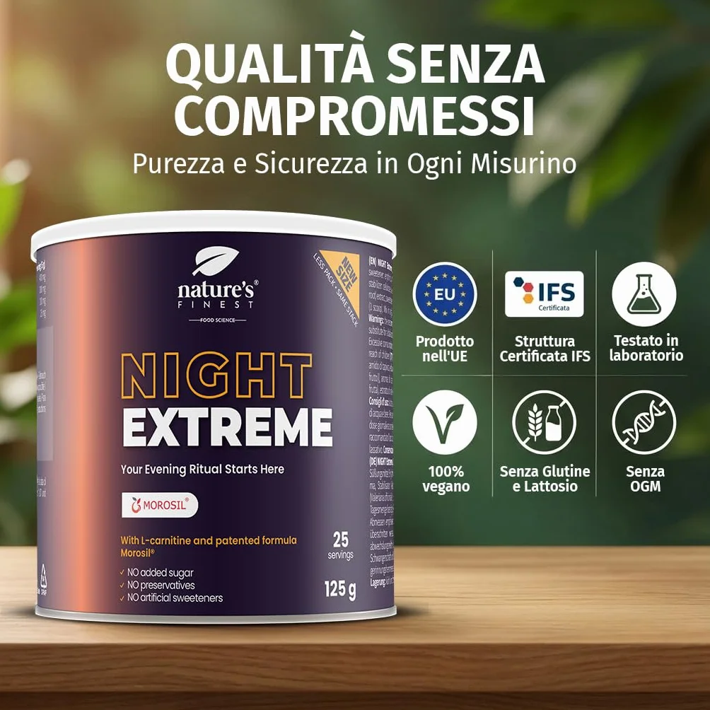 Nature's Finest Night Burn Extreme Bevanda Serale in Polvere 125g Arancia Rossa Morosil Valeriana Vite Rosso Vegana Senza Glutine